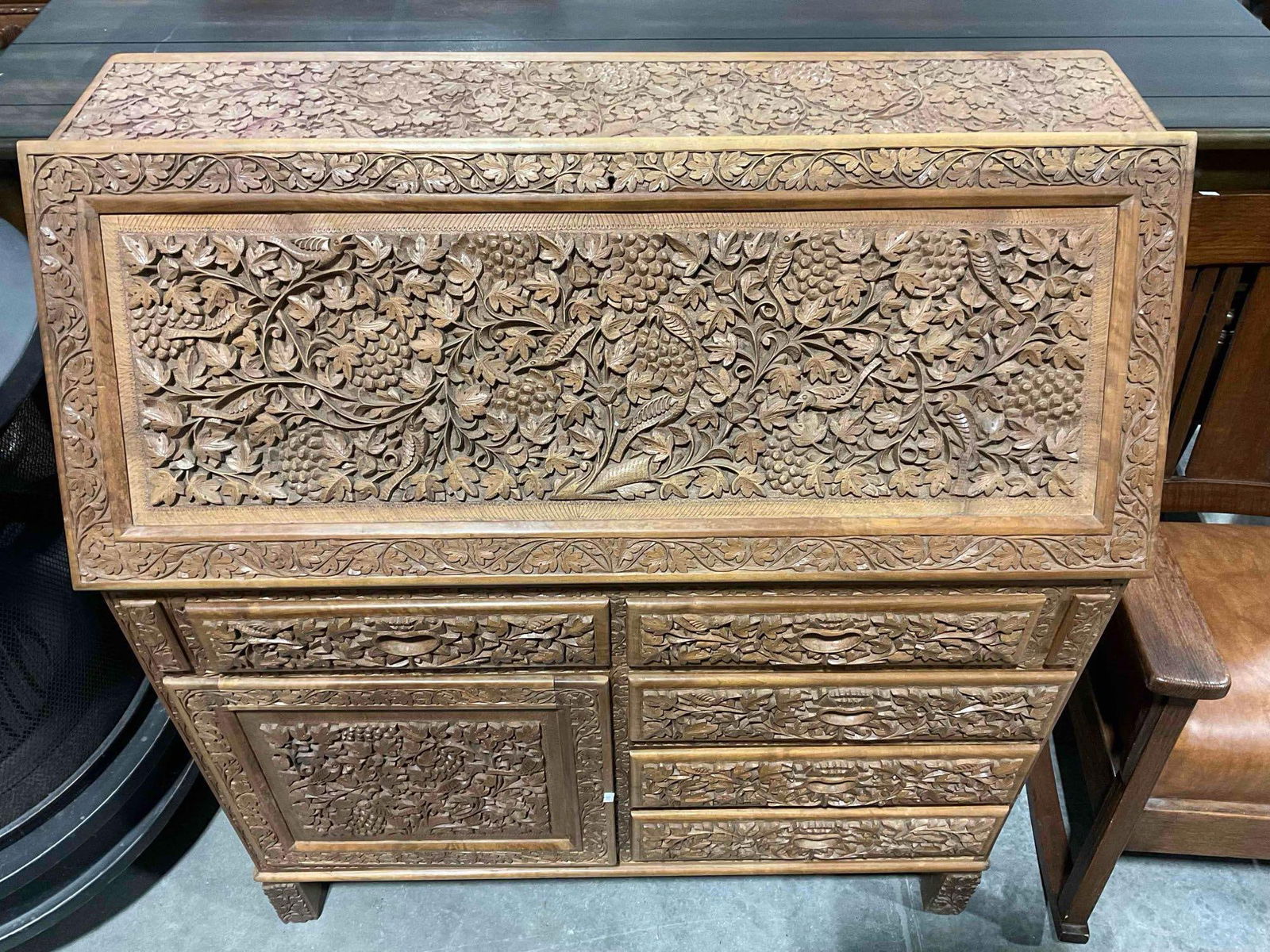Gorgeous Antique Asian Style Carved Teak? Secretary Desk w/ Fold Out Top. Very Good Condition. (1 of 11)
