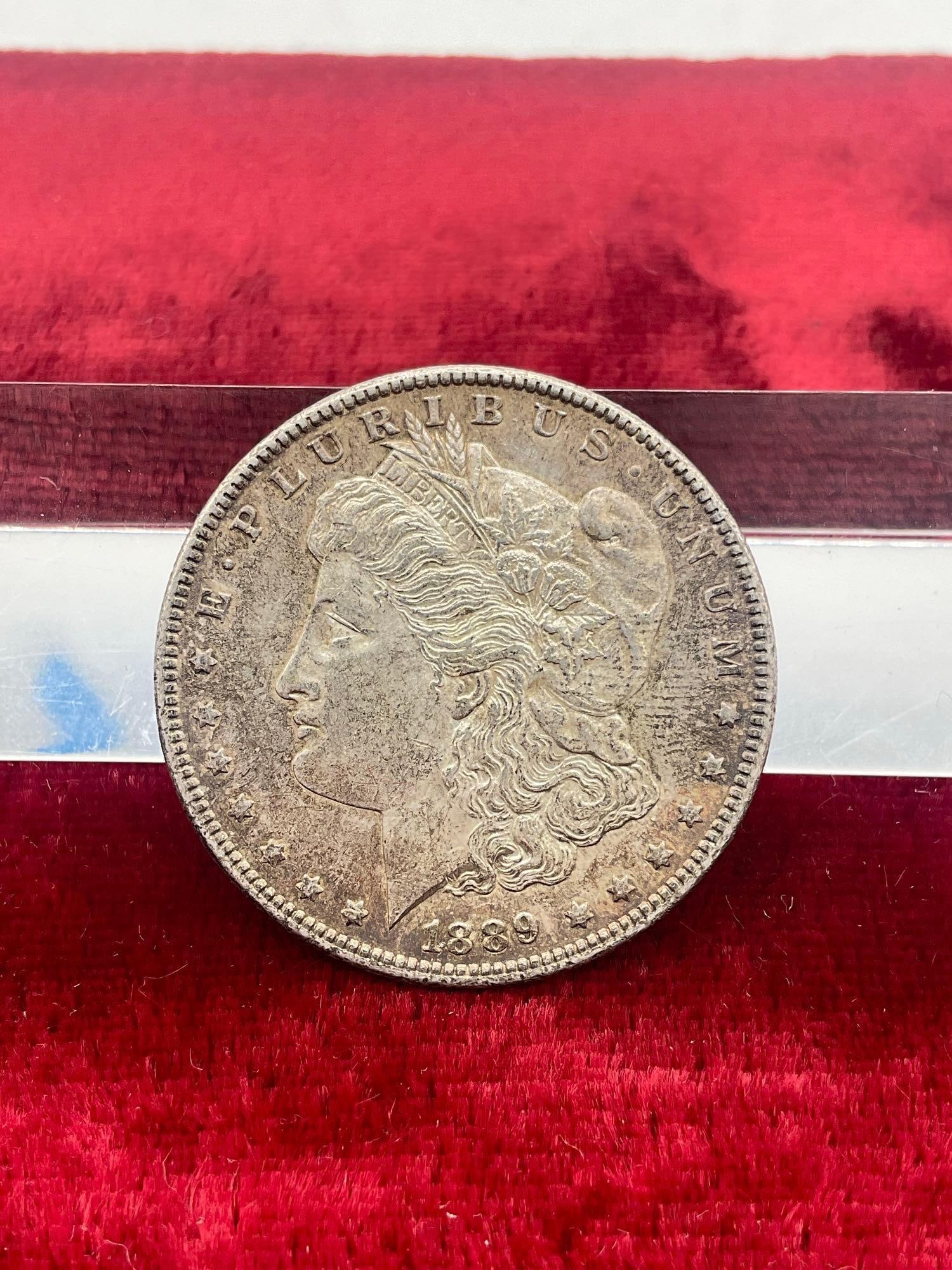 Nice quality Antique 1889 Silver Morgan Dollar w/ obverse & reverse toning see pics (1 of 3)