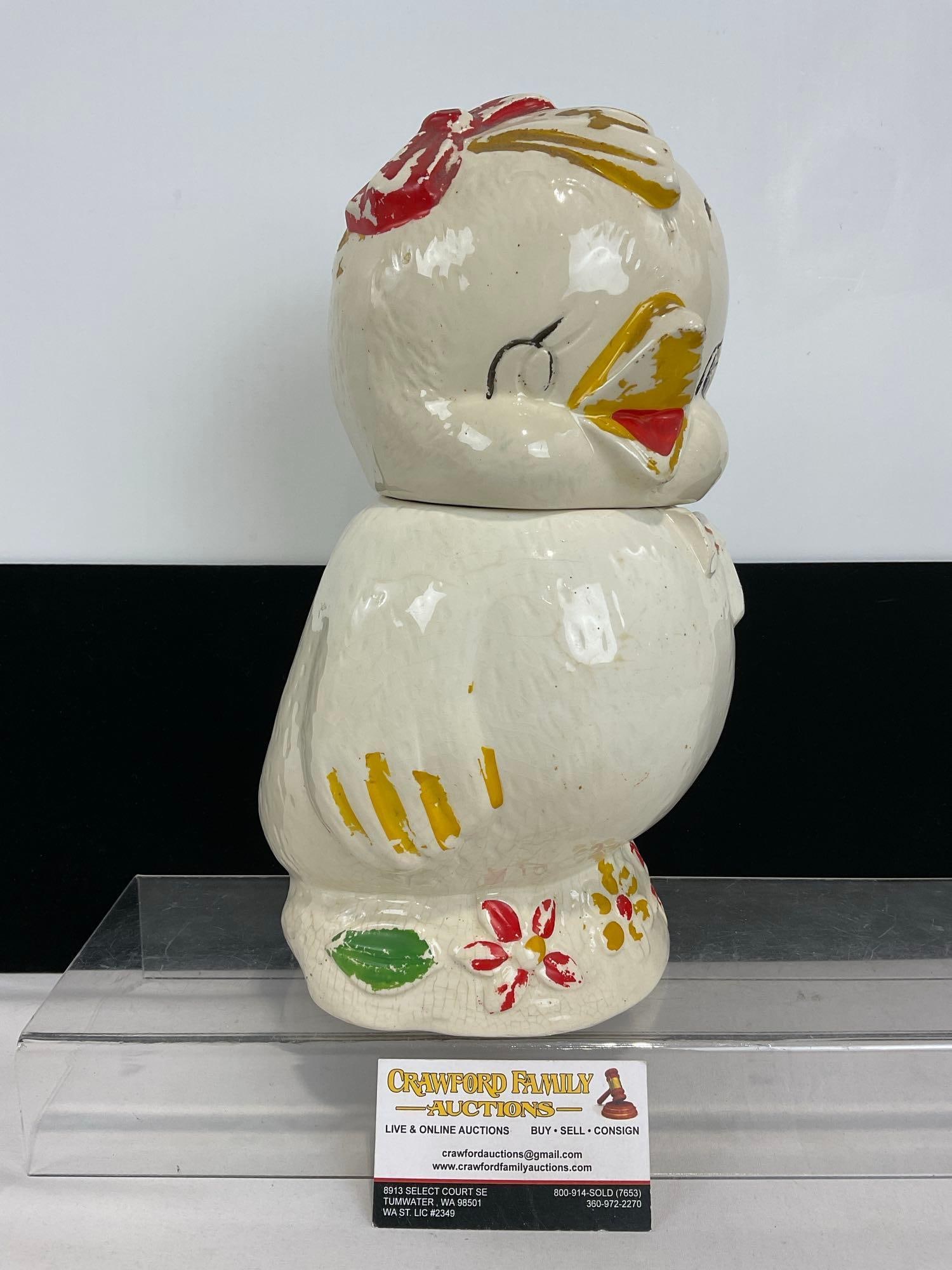 Vintage 1940-50s Baby Chick Cookie Jar, missing some paint, 13h x 7w x 7d inches: Appears to be in good shape. The piece measures approx 13h x 7w x 7d inches. See pics. E-4780