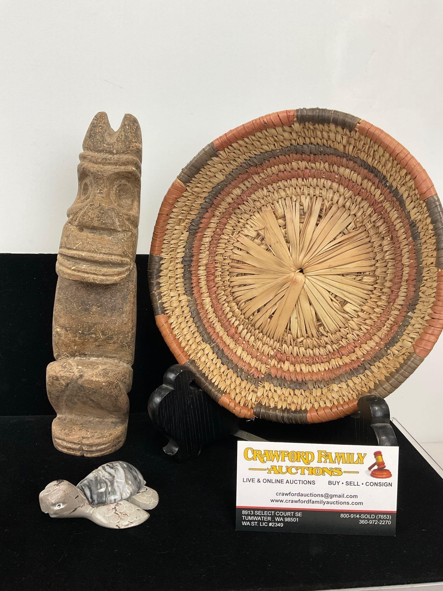 Native American Woven Basket, handcarved Stone Statue & Marble Stone Turtle Figure (1 of 5)
