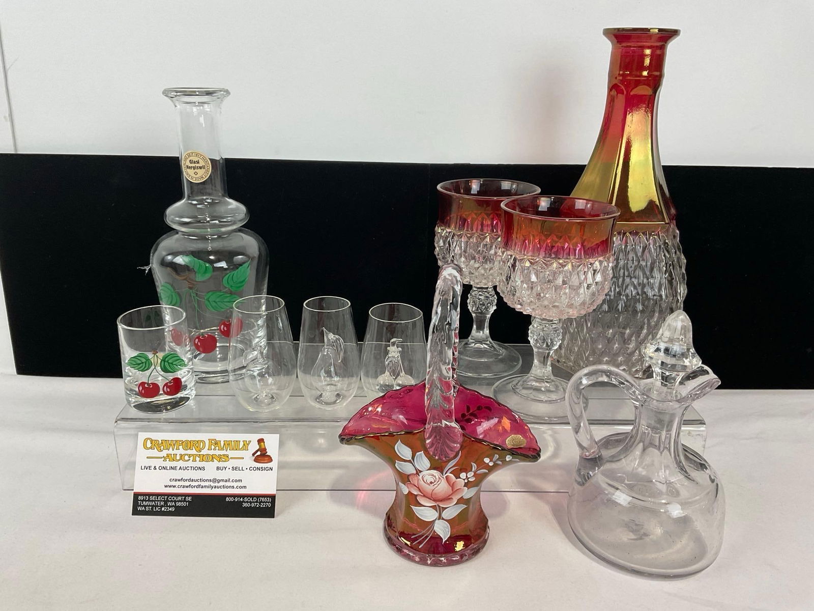 Westmoreland Basket, Swiss Decanter & Shot Glass, 3 Schnapps Glasses, Cranberry Decanter & 2 gobl... (1 of 6)