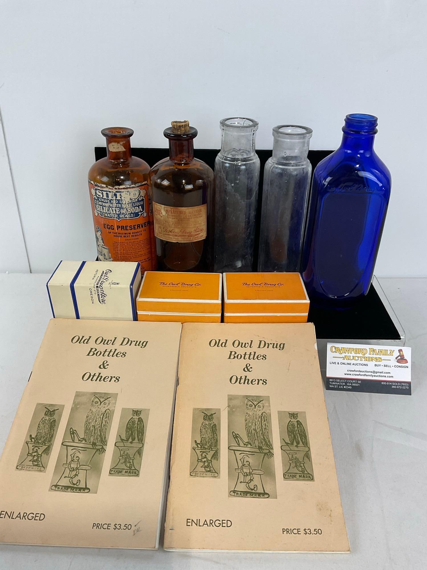Owl Drug Collectibles, 2x Books, 5x Vintage Glass Bottles & 3x Cardboard packaging (1 of 5)