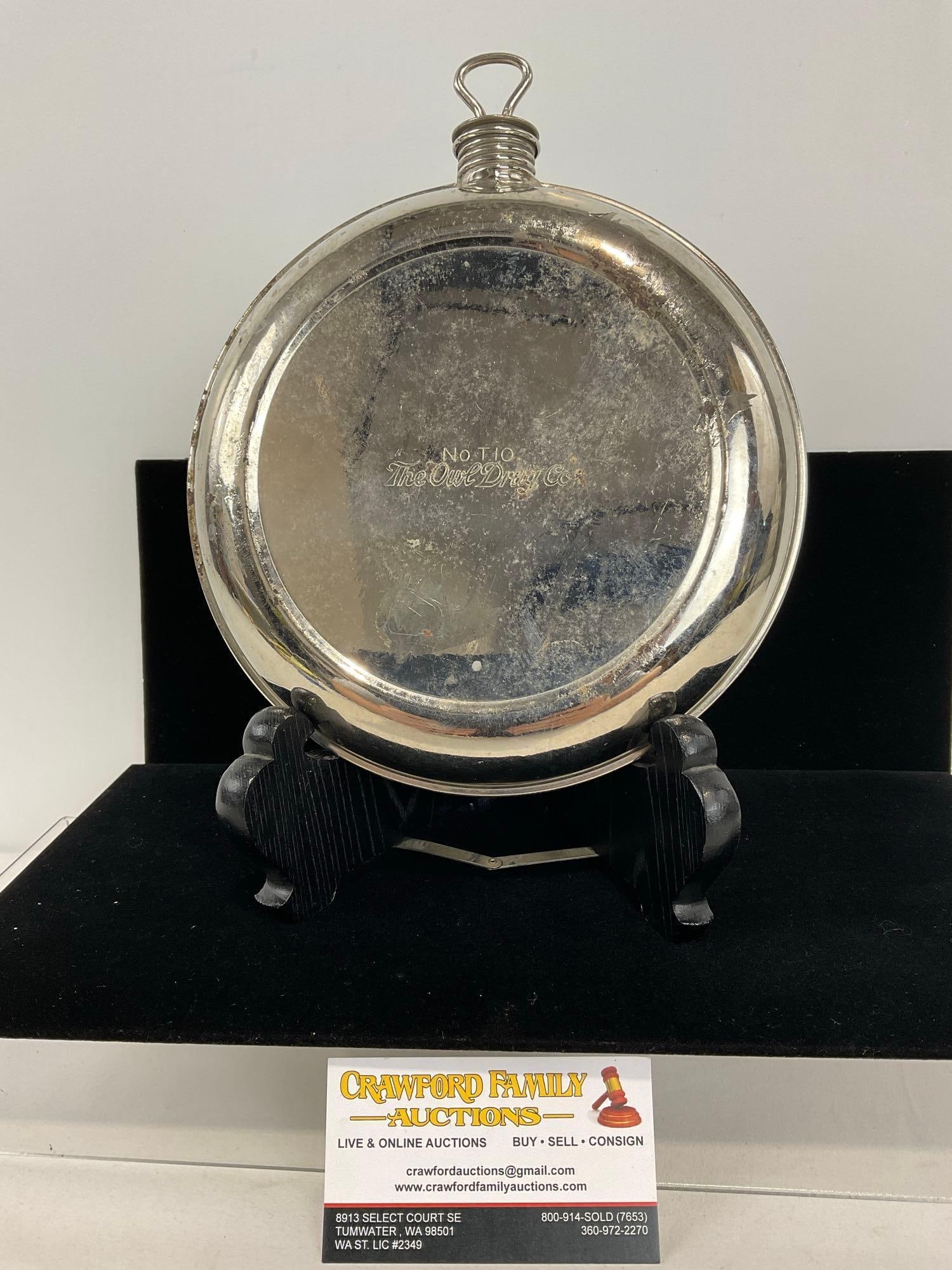 The Owl Drug Co No T10 Canteen, Etched Metal piece, 3h x 11w x 9d inches: Appears to be in good shape. The piece measures approx 3h x 11w x 9d inches. See pics. E-4030