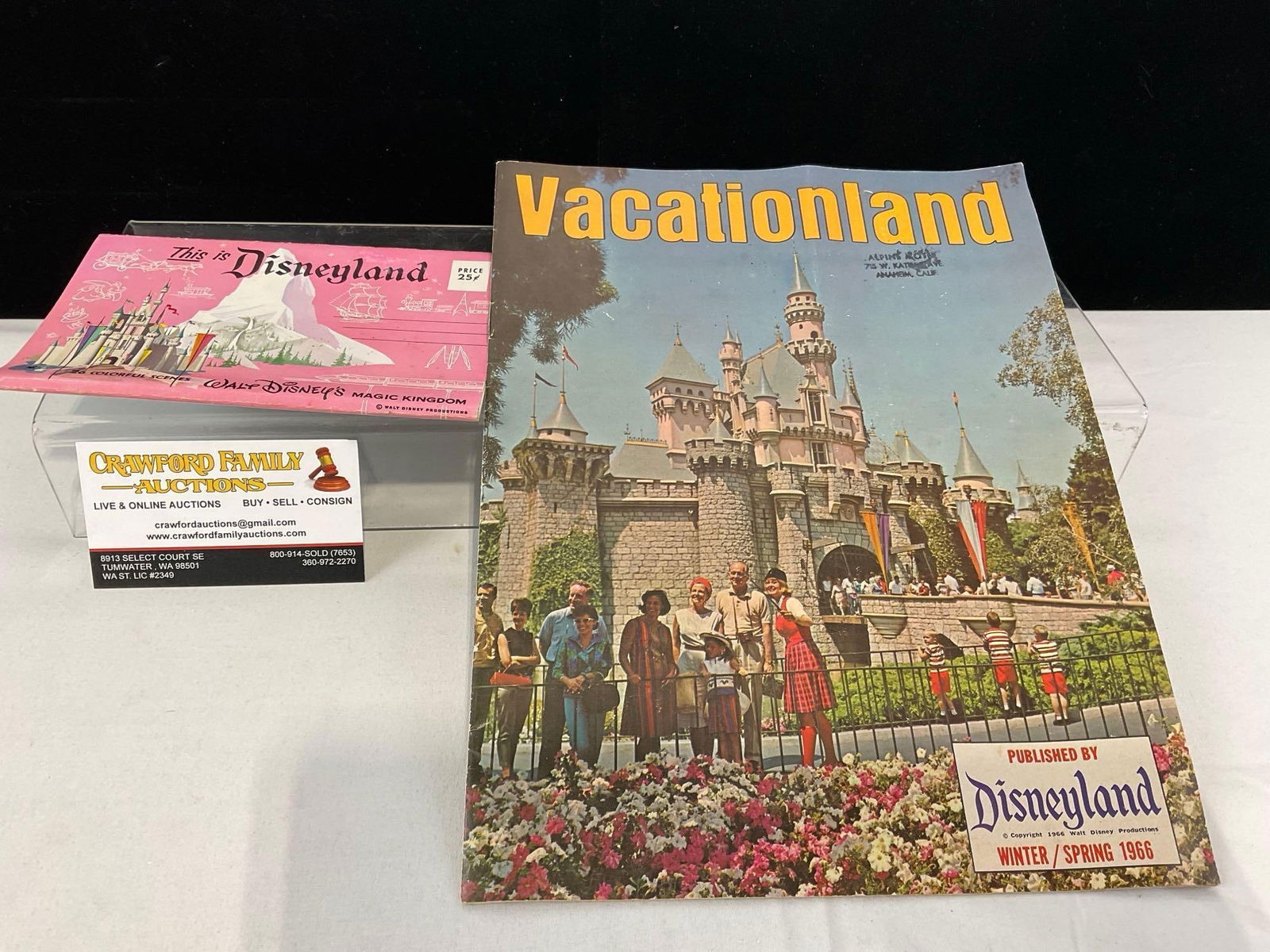 Vintage Vacationland Disneyland Magazine 1966 & This is Disneyland postcards Set, all connected: Appears to be in good shape, the pamphlet has the original customers address stamp. The piece measures approx 12h x 10w x 2d inches. See pics. E-5110