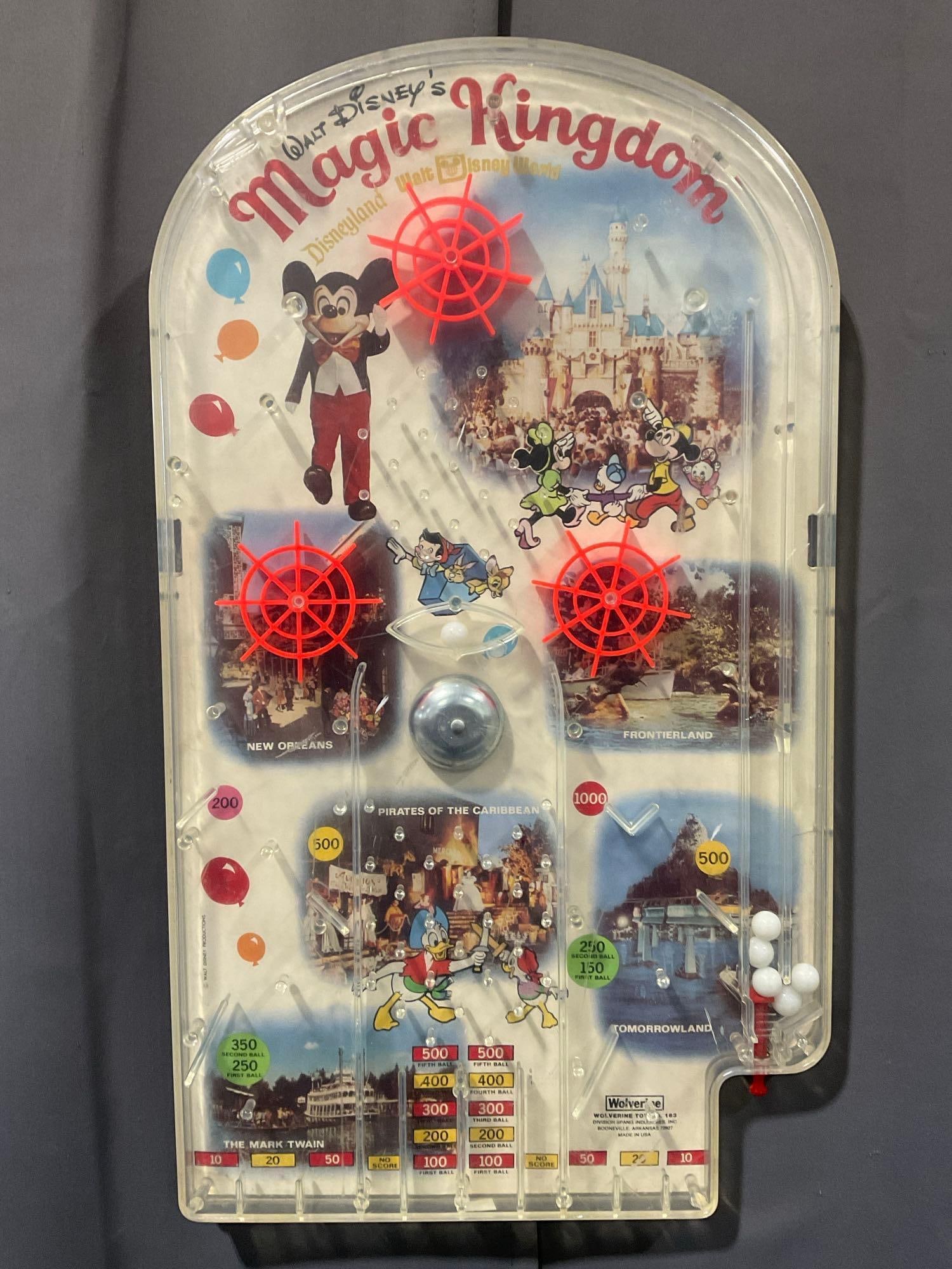 Walt Disney Magic Kingdom Plastic Pinball by Wolverine Toy No. 163, 25h x 15w x 4d inches: Appears to be in good shape. The piece measures approx 25h x 15w x 4d inches. See pics. E-5140