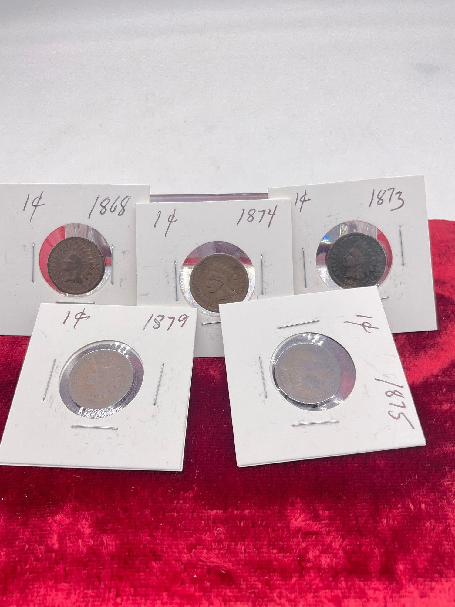 5x early Indian Head Pennies 1868, 73, 74, 75 & 1879 (1 of 8)
