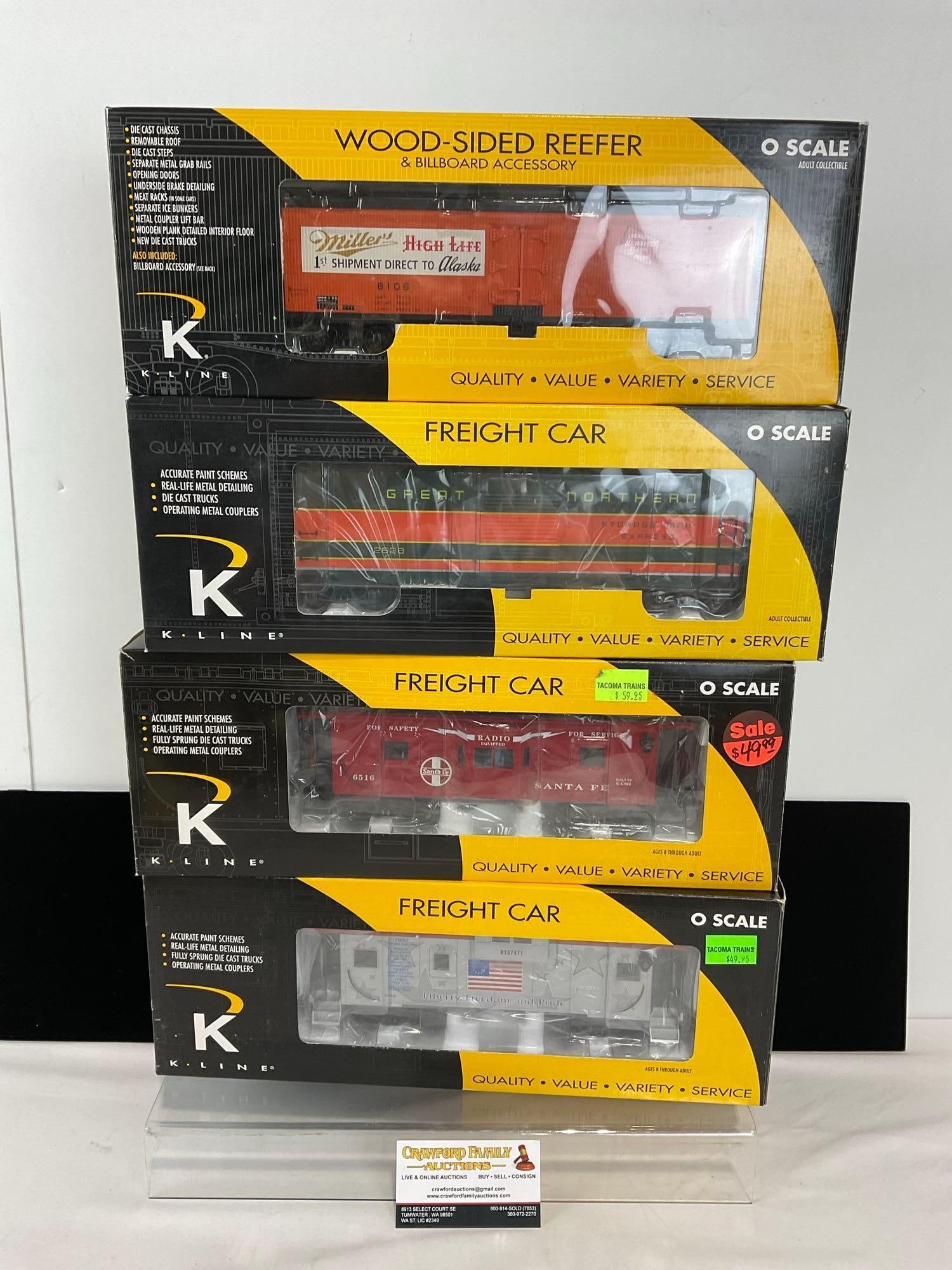 4x K-Line Train Cars, GN Express Boxcar, Alaska Reefer, Santa Fe Caboose & 13 Colonies Caboose (1 of 5)