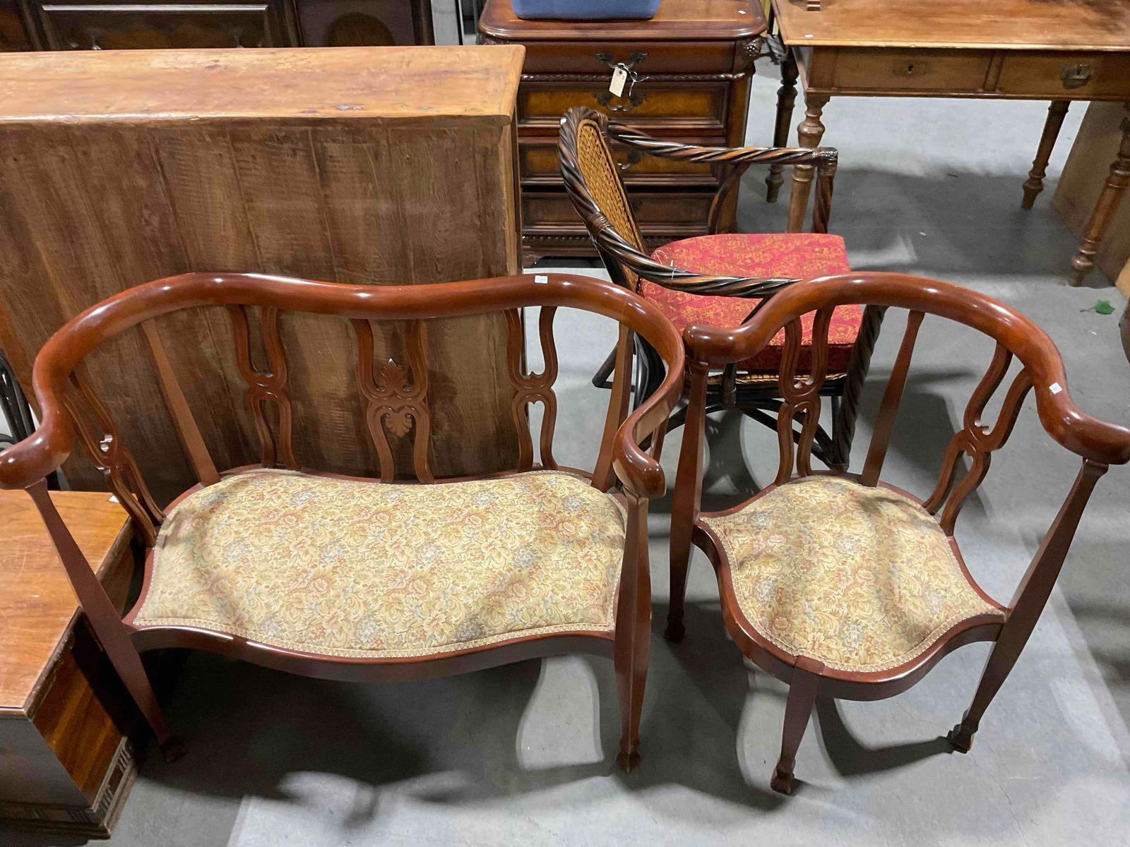 Antique Mahogany Settee & Corner Chair w/ Yellow Floral Upholstery. Excellent Cond. See pics.: Antique Mahogany Settee & Corner Chair w/ Yellow Floral Upholstery. Very minor wear indicative of age, otherwise in Excellent Condition. Gorgeous pieces with lovely grain. Larger measures 42" x 20