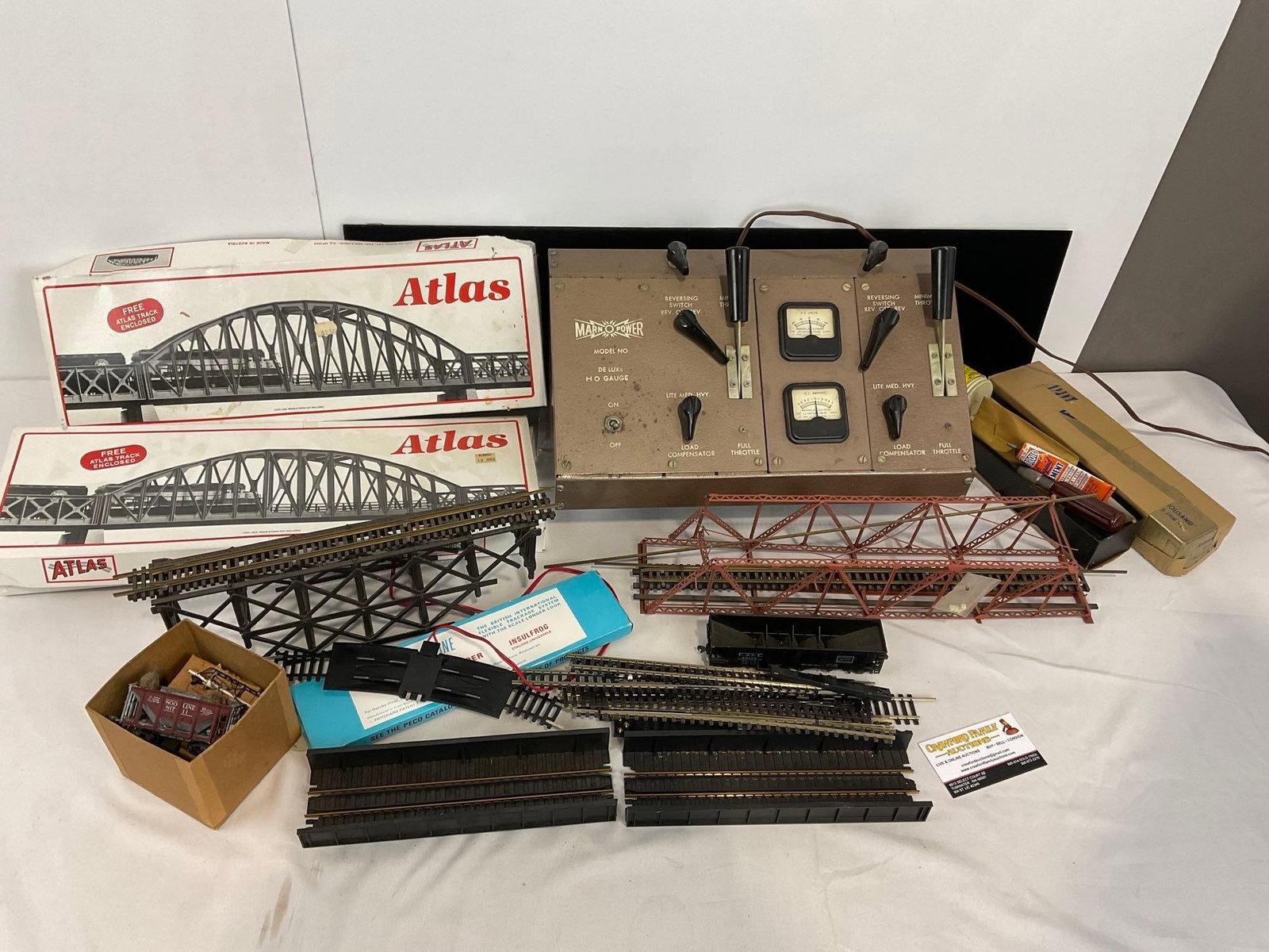 Marnopower 1300 Series Train Transformer, several Train Bridges by Atlas, and more: Appears to be in good shape. The piece measures approx 18h x 20w x 20d inches. See pics. E-4660