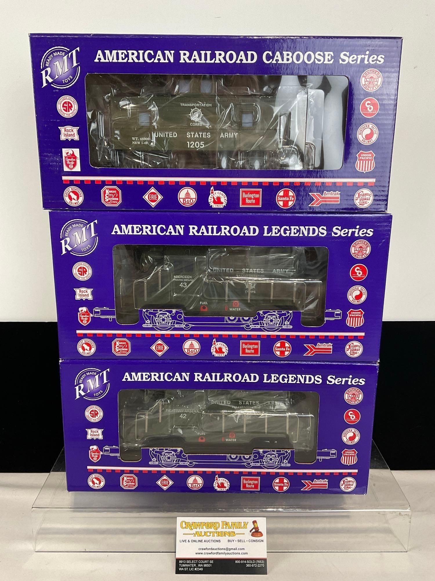 3x RMT Train Cars Army, #1205 Caboose, 2x Diesel Locomotives, #4312 & 4313 in box: Appears to be in good shape, some shelf wear on the boxes. The pieces together measures approx 12h x 13w x 17d inches. See pics. E-4690