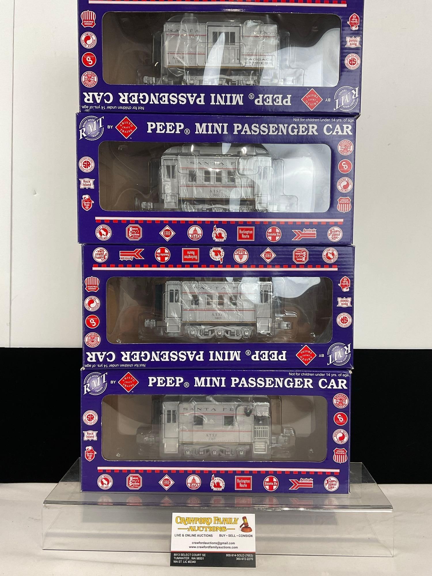 4x Peep Mini Passenger Cars, from Santa Fe Sets 1 & 2, Baggage 1302, Observ 1367, Coach 3002 & 3003 (1 of 4)