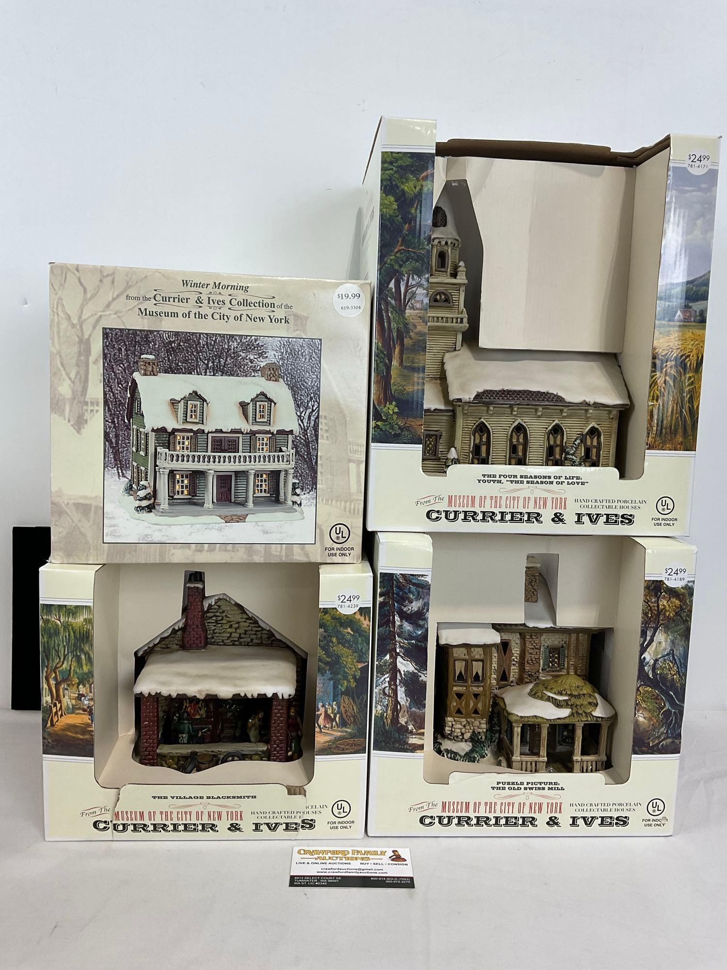 4 Currier & Ives Christmas Houses in box, Village Blacksmith, The Season of Love, The Old Swiss M... (1 of 3)