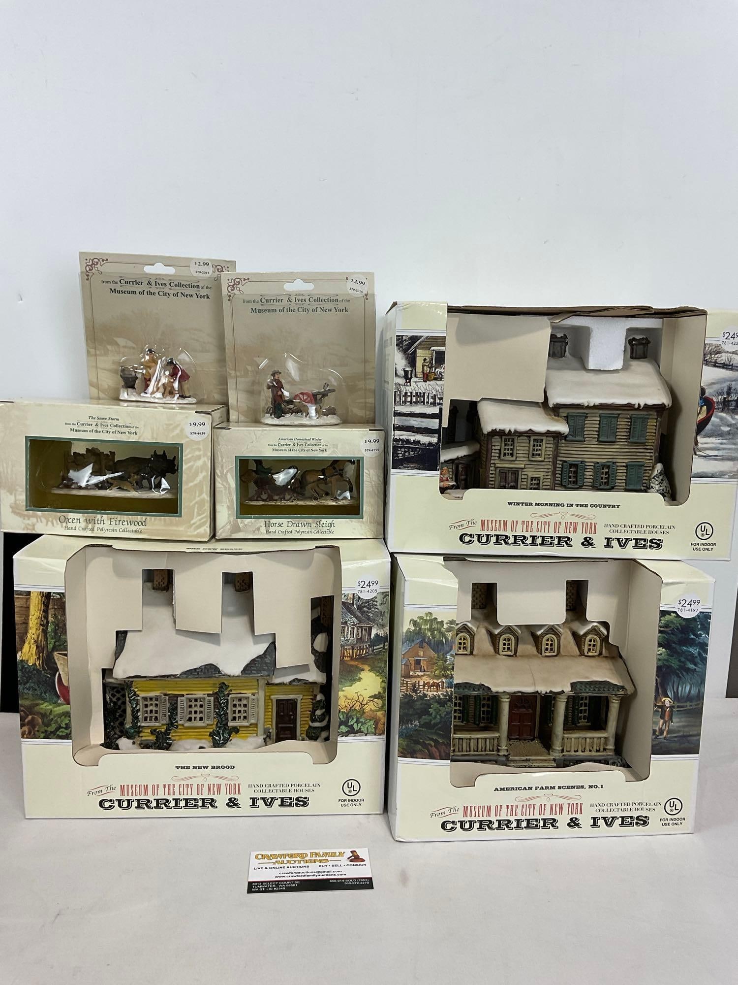 3 Currier & Ives Christmas Houses & 4 figures in box, The New Brood, Farm Scenes No1, Winter Morn... (1 of 3)