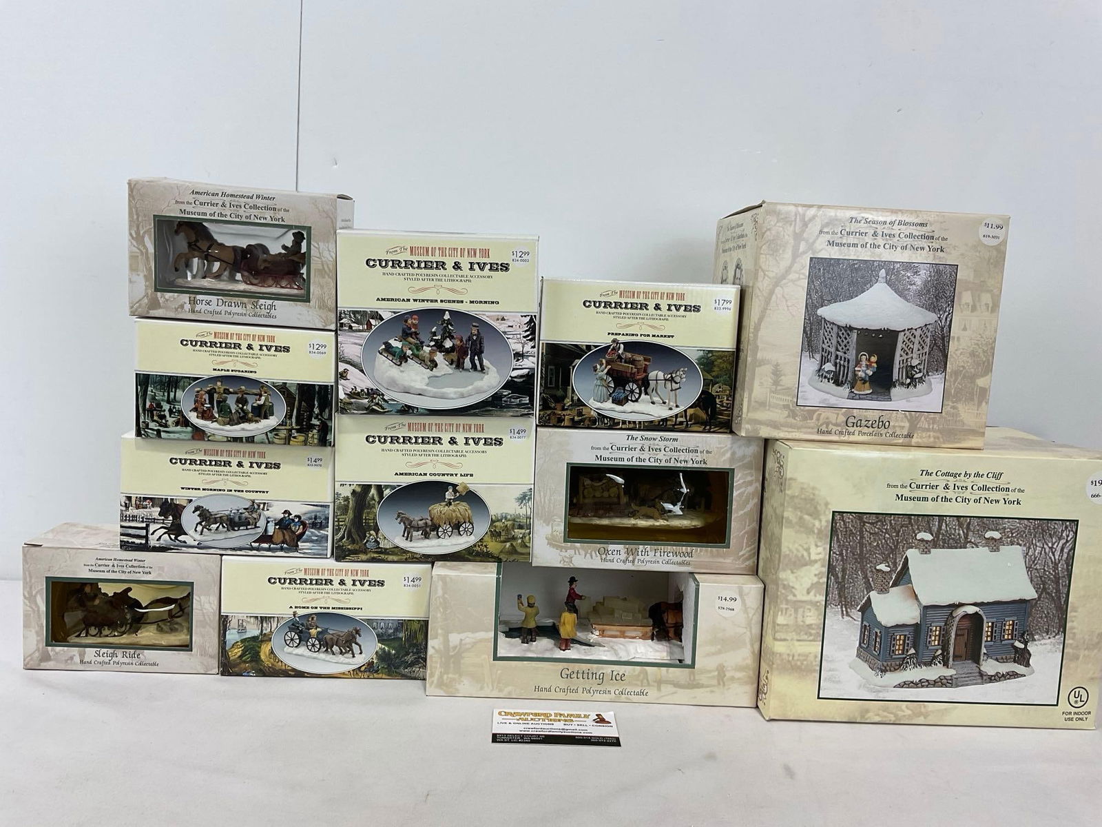 12 Currier & Ives Christmas Figures & House in box, Getting Ice, The Cottage by the Cliff, Sleigh... (1 of 6)