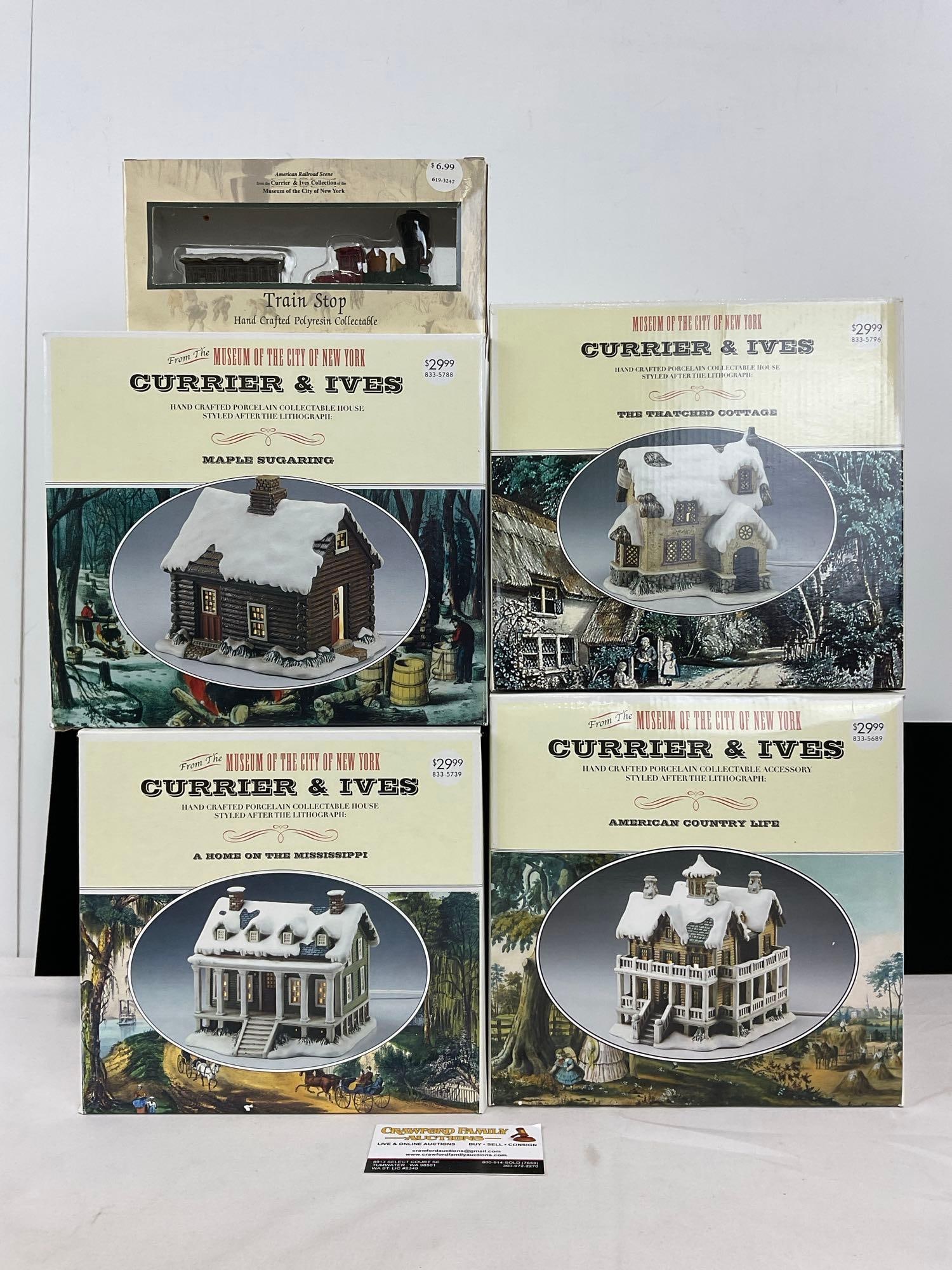 4 Currier & Ives Christmas Houses in box, Maple Sugaring, The Thatched Cottage, American Country & (1 of 5)