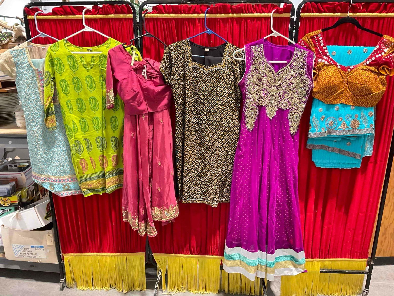 6 pcs Colorful Indian Ladies Dresses, incl. Belly Dancer Outfit. Very Good Condition. See pics.: 6 pcs Colorful Indian Ladies Dresses, incl. Belly Dancer Outfit. Very Good Condition. 3 Appear to be children's sizes, size 40 & size L respectively, Others are unmarked. Belly dancer top measures