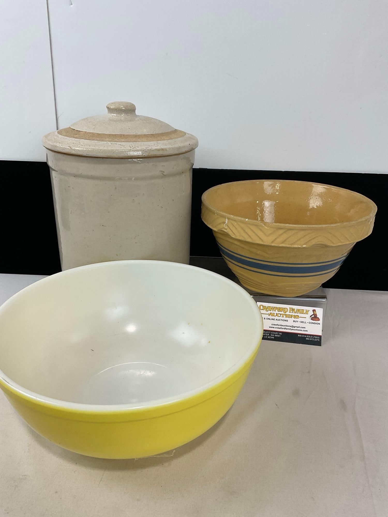 Pair of Kitchen Bowls, Pyrex Glass & Yellowware Stone Pottery, Stoneware Crock w/ Lid: Appears to be in good shape, a handful of small imperfections, one half inch chip on the yellowware bowl. The piece measures approx 14h x 11w x 11d inches. See pics. E-5130