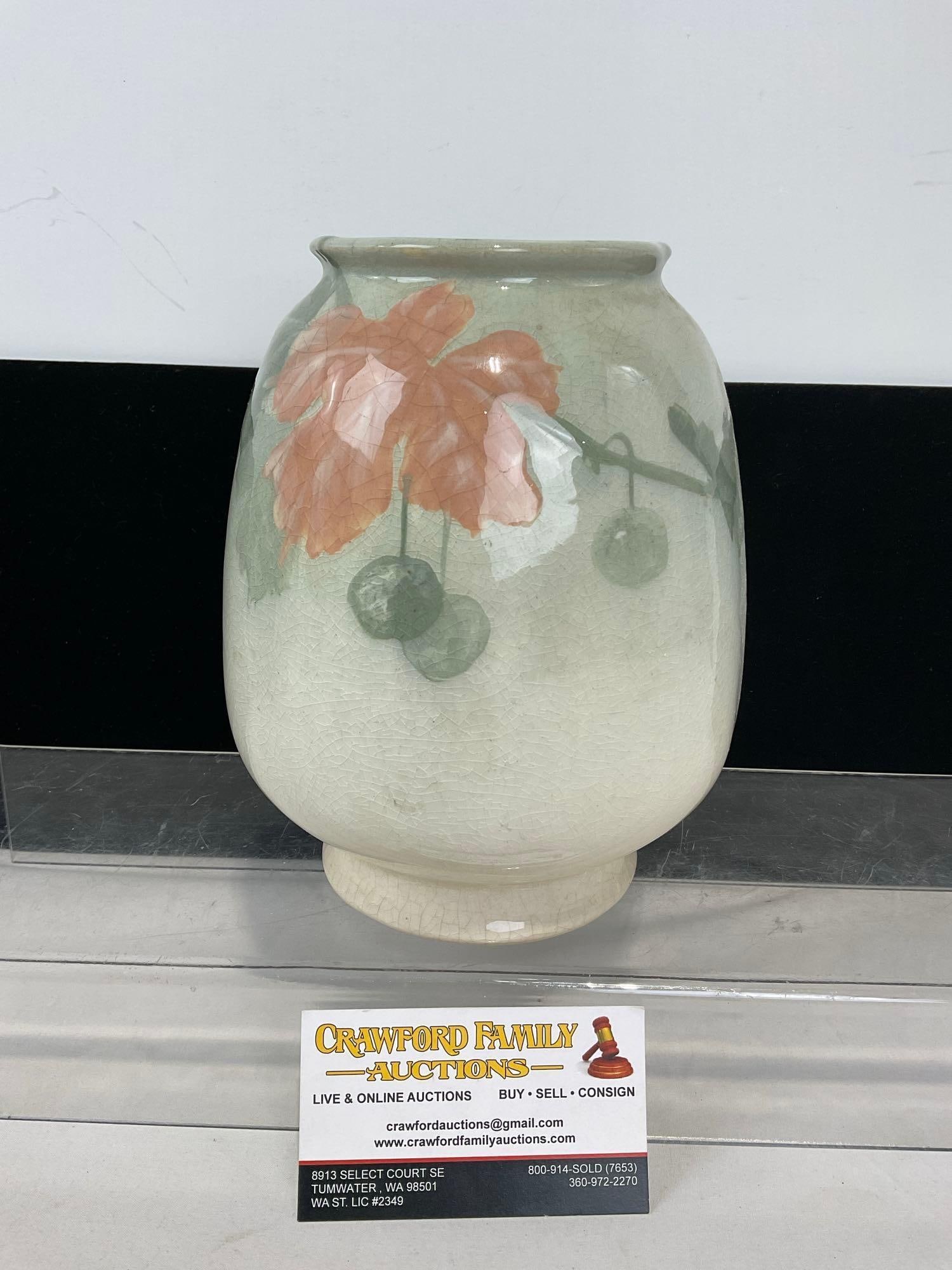 Vintage Owens Stoneware Vase, Crazed Glazing, Leaf & Olive design, 8h x 7w x 7d inches: Marked 1260 Owens on the bottom. Appears to be in good shape. The piece measures approx 8h x 7w x 7d inches. See pics. E-5130