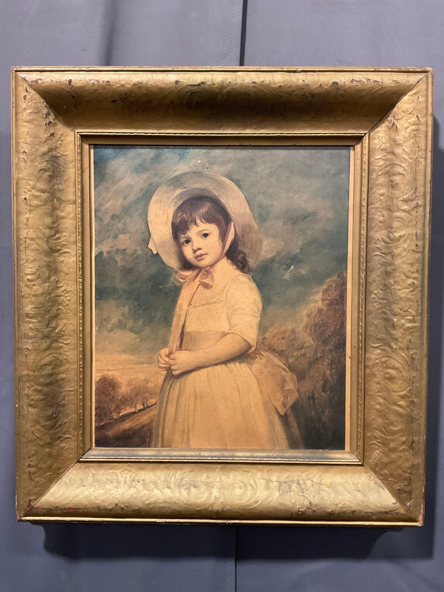 Antique Print titled Miss Willoughby by George Romney (1734-1802) 26x23 inch, in gilt frame: Appears to be in good shape, shows some wear. The piece measures approx 26h x 23w x 4d inches. See pics. E-5130