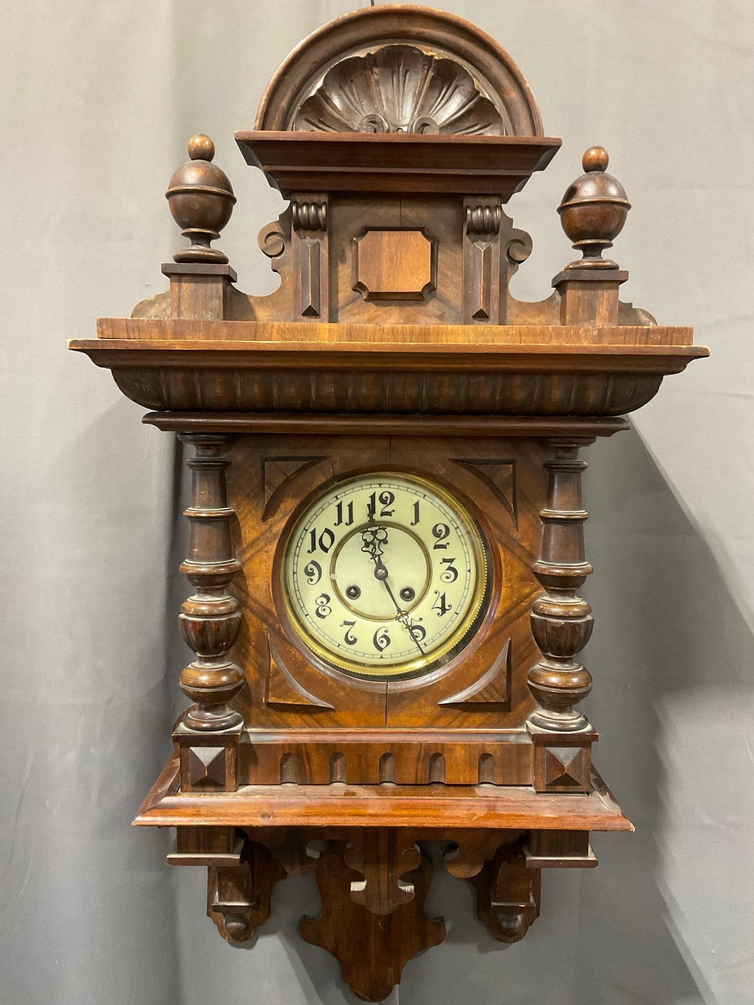 Gustav Becker Walnut Vienna Regulator Time Strike Wall Clock w/Pendulum & Key 27h x 19w x 10d inc...: Includes Pendulum & Key. Appears to be in fair to good shape, missing a block on the bottom, the glass piece in front was re-set into the frame, could still be fragile. The piece measures approx 2