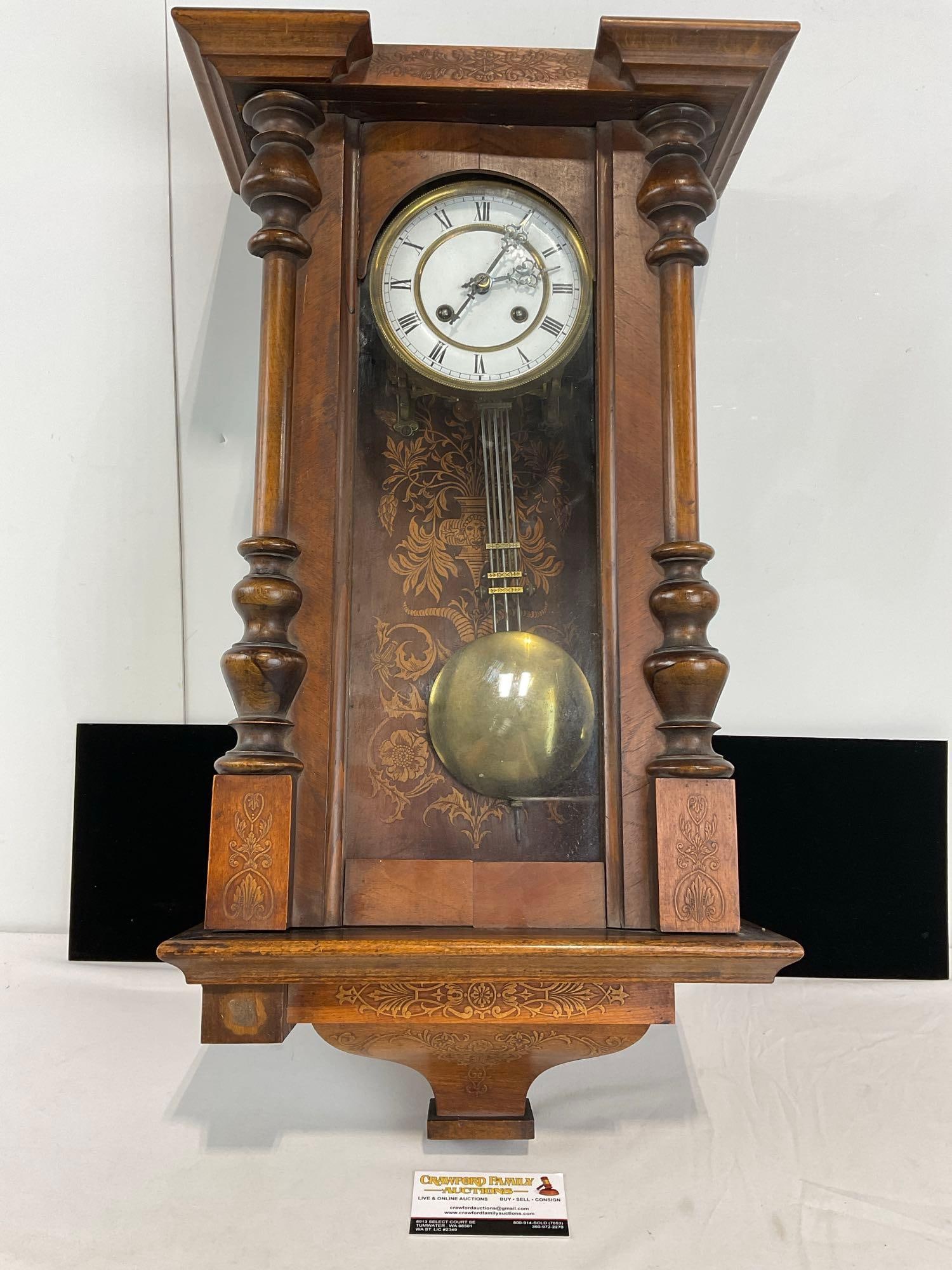 Antique Vienna Regulator Time Strike Wall Clock, ornate design w/key, 26h x 15w x 8d inches: Appears to be in good shape. The piece measures approx 26h x 15w x 8d inches. See pics. E-4860 *Oversized shipping may apply*