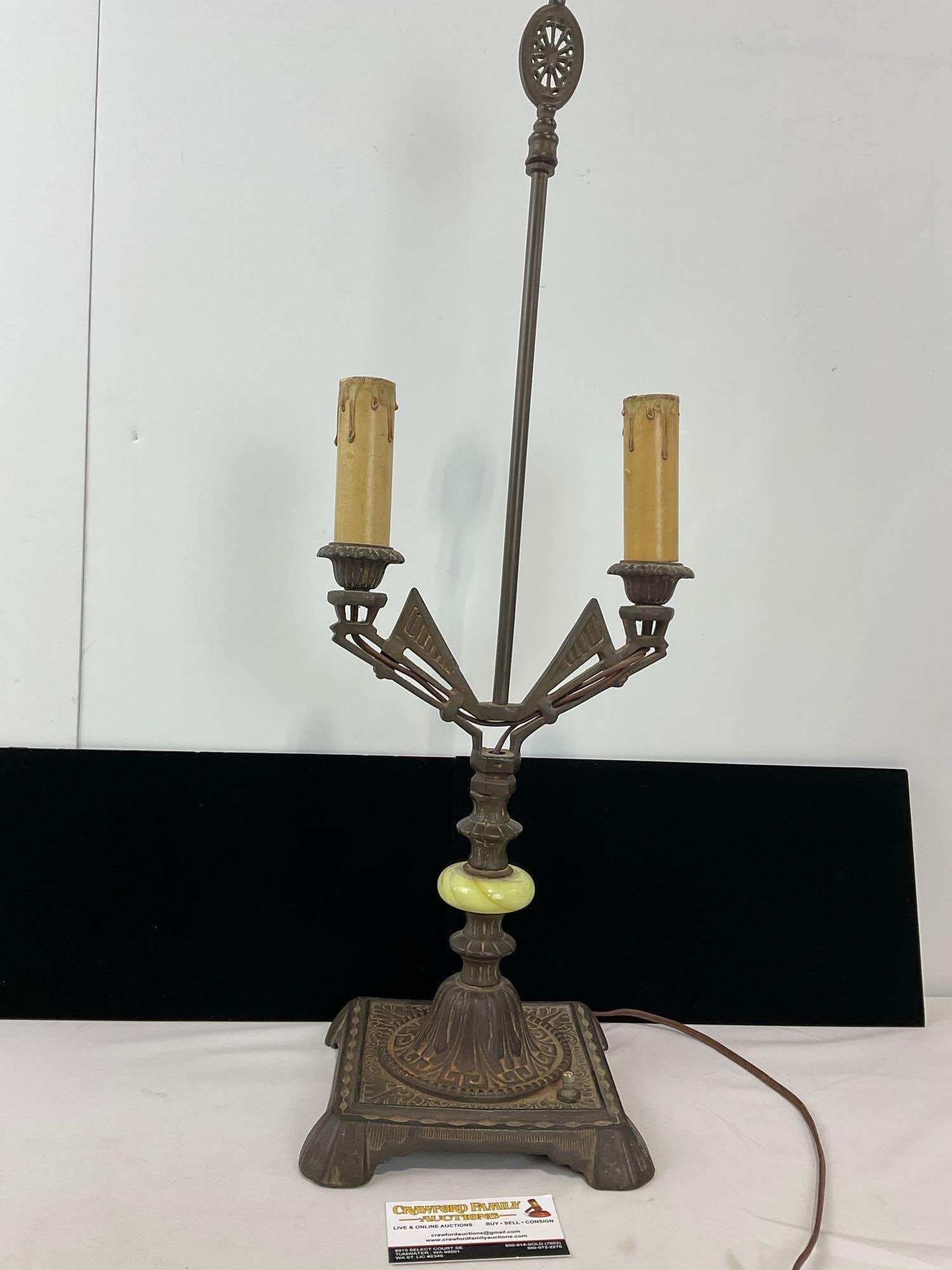 Vintage Art Deco Double Bulb Table Lamp, unique cast iron design, faux candles, 27h x 8w x 7d inc... (1 of 5)