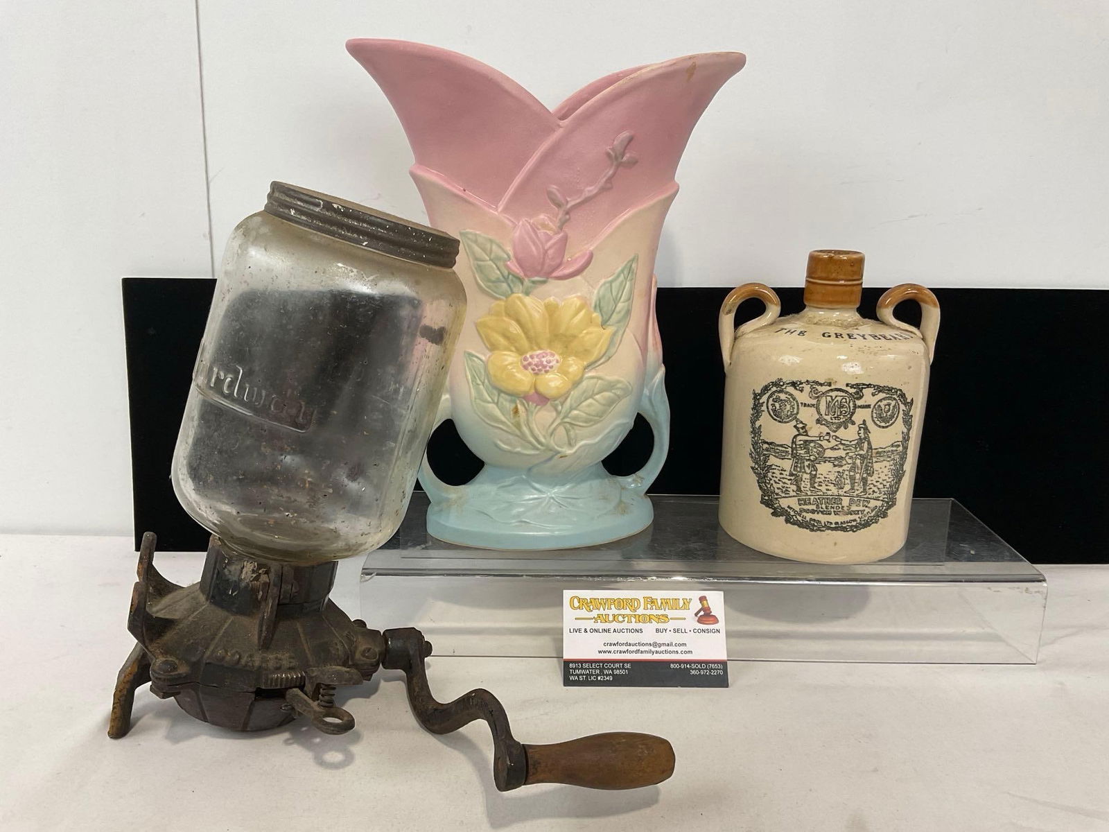 Vintage Cast Iron Coffee Grinder, Hull Ombre Vase & Greybeard Heather Dew Stoneware Whiskey Bottle: Appears to be in good shape. The piece measures approx 14h x 10w x 12d inches. See pics. E-5120