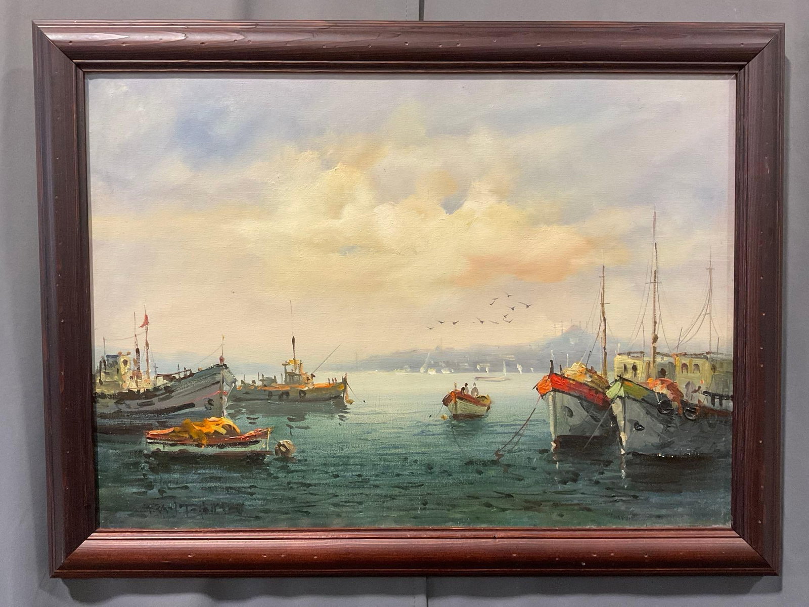 Framed Oil on Canvas, Istanbul Fishing Boats, signed by Prominent Turkish Artist, Remzi Taskiran:  Original piece Is signed in the lower left cornel,. Appears to be in good shape. The piece measures approx 25h x 32w x 4d inches. See pics. E-5170 Valued 200-500 About the Artist Background and 