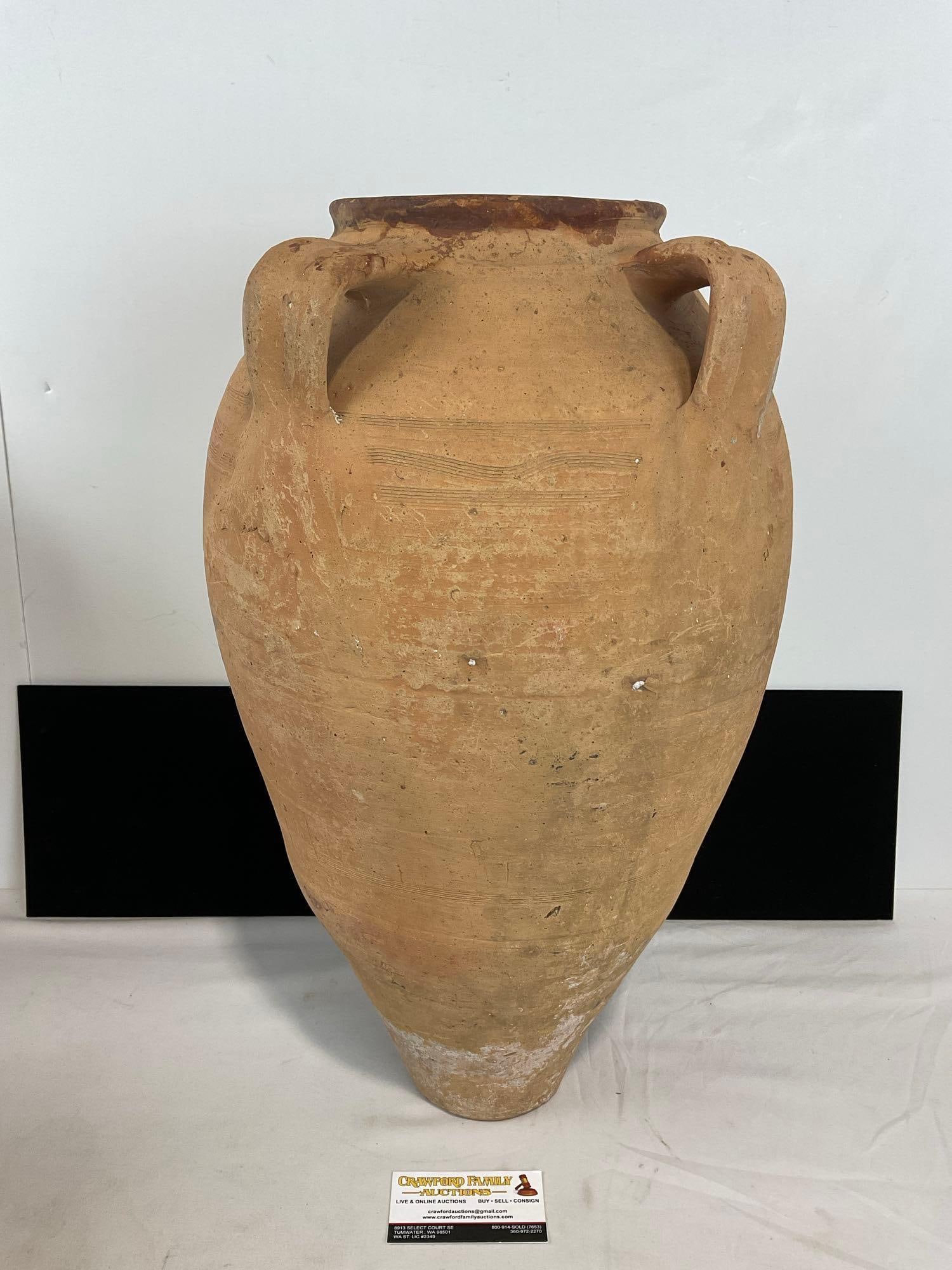 Antique 4 handled Turkish Terracotta Olive or water vessel , Light Brown Coiled Slip, (1 of 6)