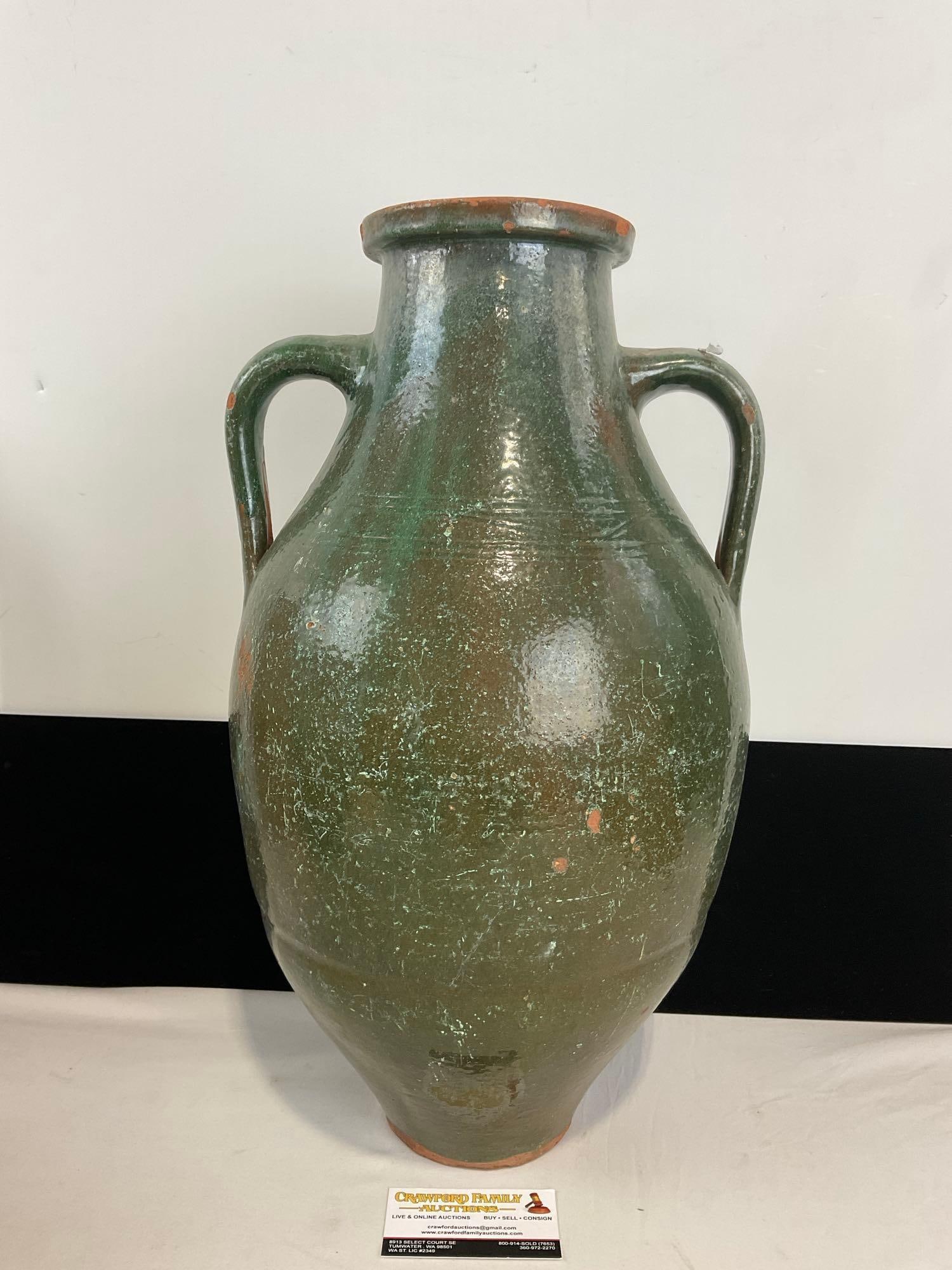 Antique Large Olive Jar, Double Handled Amphora Terracotta red clay style w/ Green Glaze finish (1 of 6)
