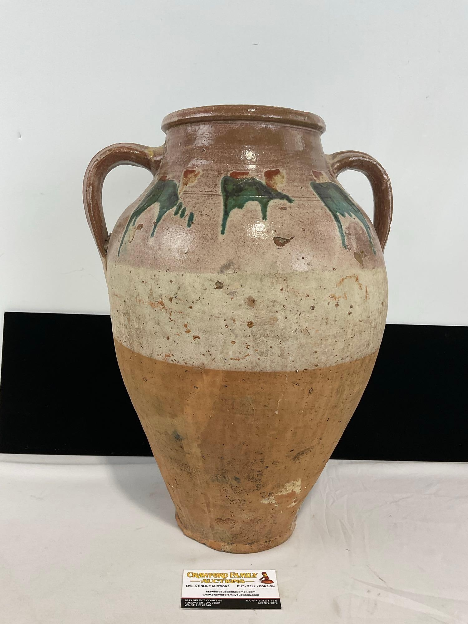 Antique Double Handled Amphora Olive Oil Storage Jar, / poss French Confit pot Multi Colored Glaze, (1 of 5)
