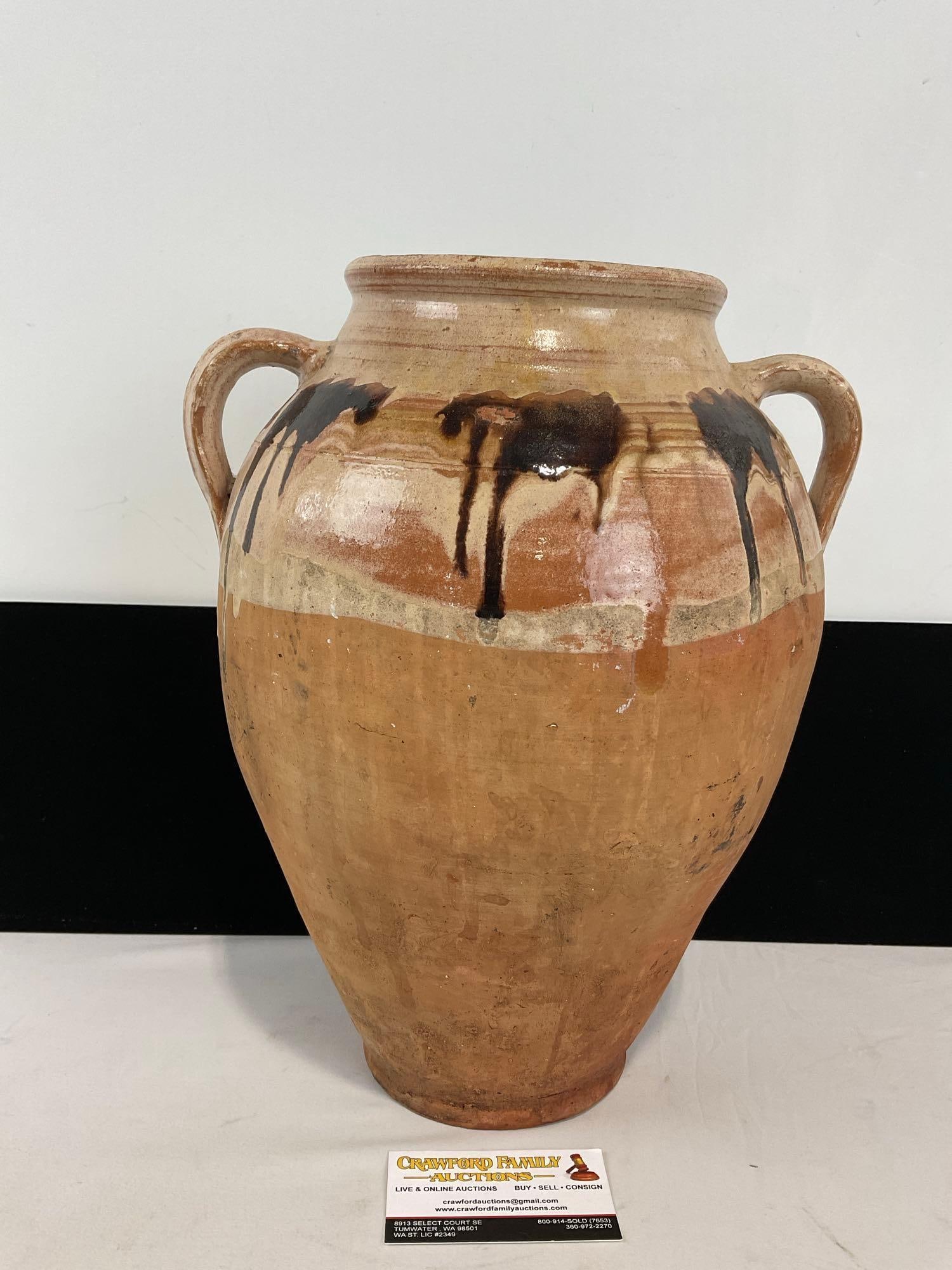 Antique Double Handled French Confit pot / Turkish Amphora Olive Oil Storage Jar, Varied Brown Gl... (1 of 5)