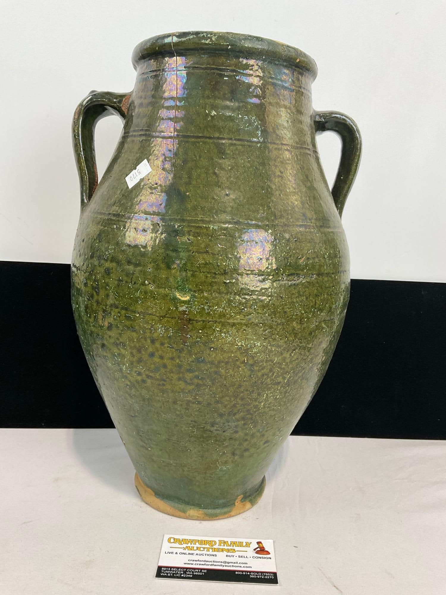 Antique Turkish Green Glazed Double Handled Vase, couple large cracks, 16h x 11w x 10d inches (1 of 5)