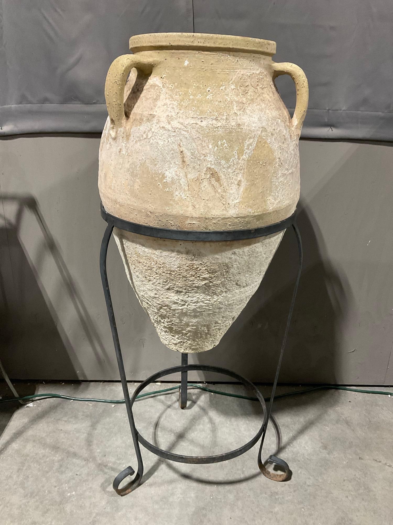 Ancient /Antique Greek /Turkish Amphora Pottery Jar, Triple Handled, w/ Wrought Iron Stand, 42x18...: This type of vessel was also used for shipping .Collection from a single consignor, who gathered these while living in Europe for many years. All pots & urns are of Turkish/Greek origin, or otherw