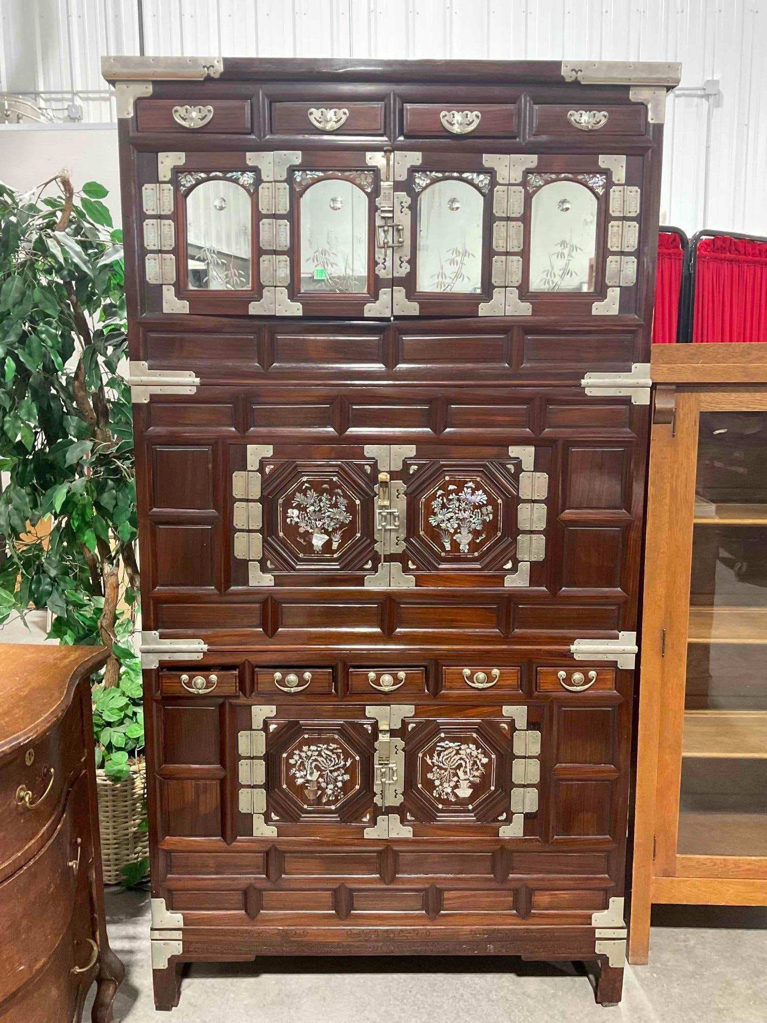 Antique Korean 3-Tier Jang Stacking Cabinet w/ Abalone Inlay, 9 Drawers & 3 Cupboards. Circa 1900: Antique Korean 3-Tier Jang Stacking Cabinet w/ Abalone Inlay, 9 Drawers & 3 Cupboards. Could be persimmon wood?Gorgeous dark wood w/ silver color accents, 4 etched mirror panels and 3 locking cupb