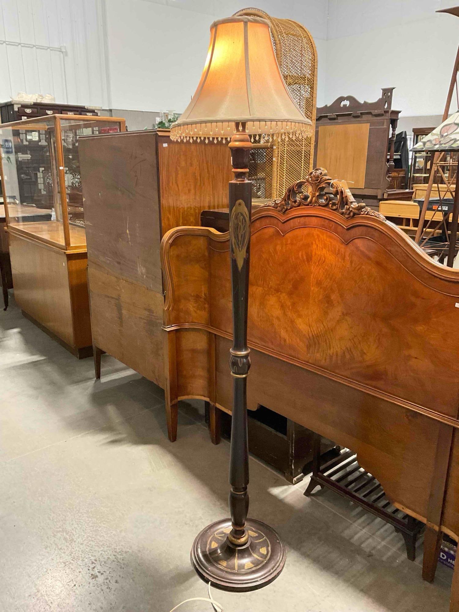 Vintage Wooden Floor Lamp w/ Gold Painted Design & Cream Beaded Shade. Tested, Works.: Vintage Wooden Floor Lamp w/ Gold Painted Design & Cream Beaded Shade. Tested, Works. Paint is crazed, one bulb appears burnt out, condition is otherwise very good. Measures 14" x 14" x 67" DM-518