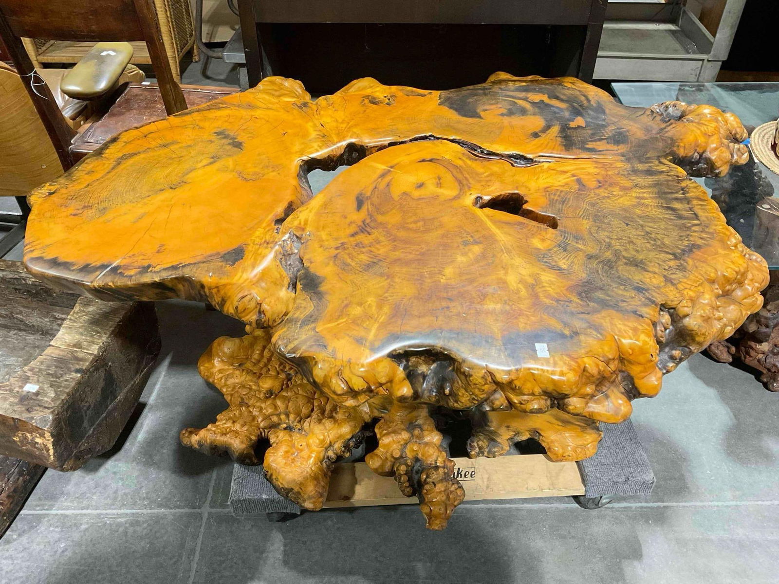 Vintage Unique Polished Burl Wood Coffee Table w/ Fantastic Grain & Texture. Excellent Cond.: Vintage Unique Polished Burl Wood Coffee Table w/ Fantastic Grain & Texture. Excellent Condition. Absolute stunner of a piece. Measures 50" x 40" x 21" DM-5180 *Freight Required if shipped, B