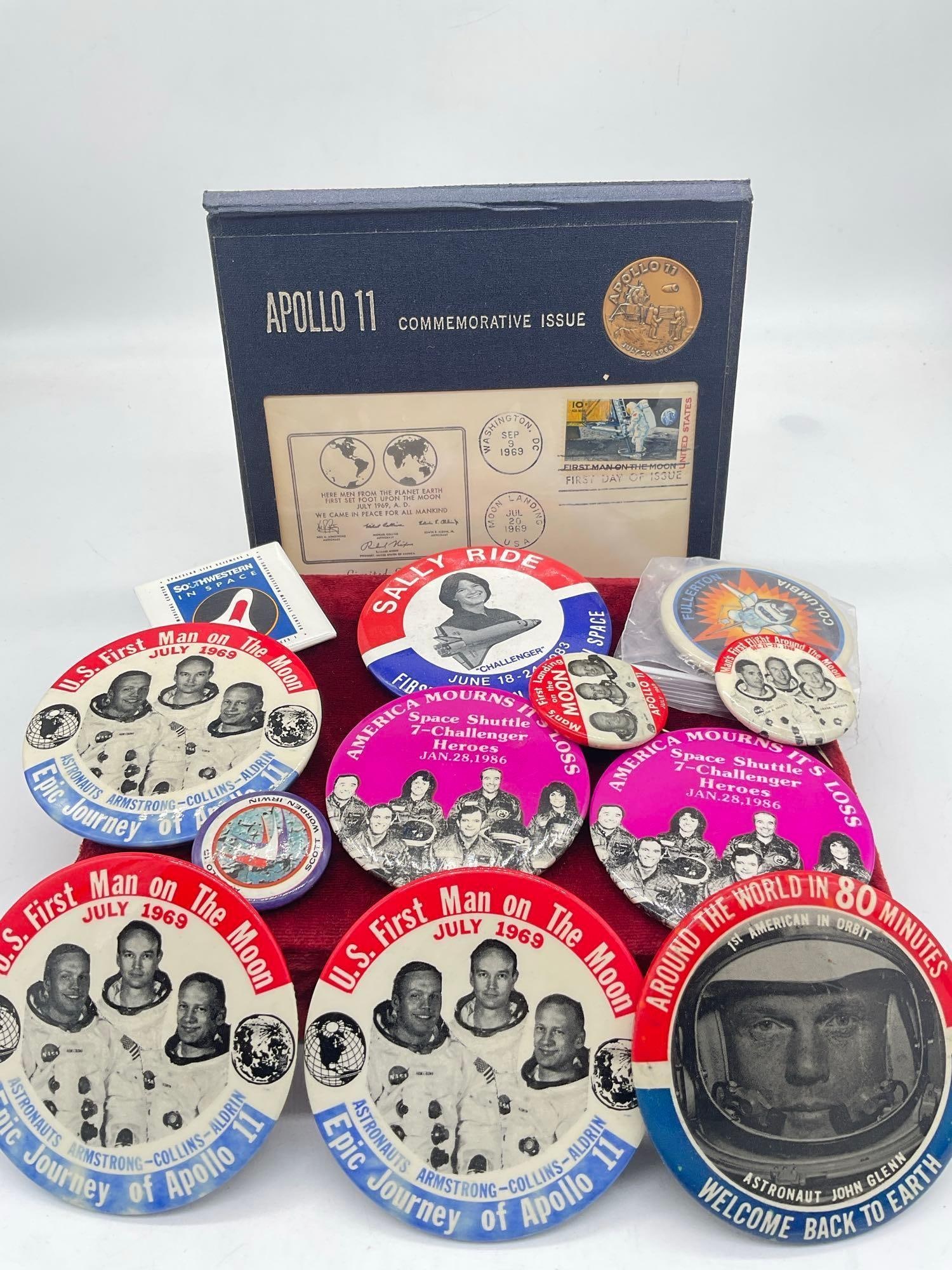 Collection of 12 Vintage Us Space exploration Pins W/ 1969 Apollo 11 Commemorative Stamp & coin (1 of 4)