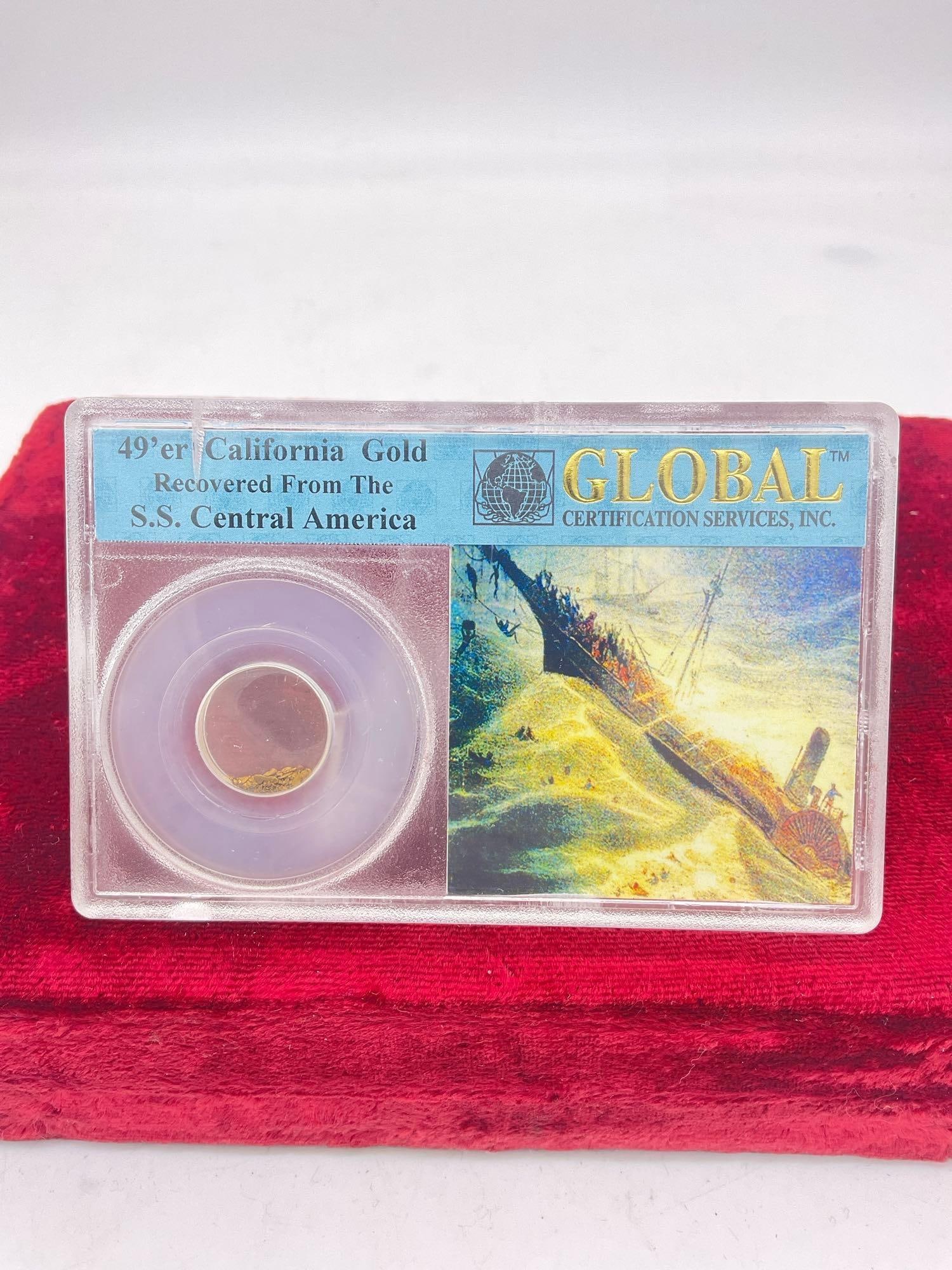 Gold recovered from the 1857 SS Central America encapsulated w/ COA: C-5010 The gold dust /pieces most likely close to pure and when the vintage slabbed capsule is laid flat appears to be a bout the size of a dime , the COA says the gold in this piece was recovere