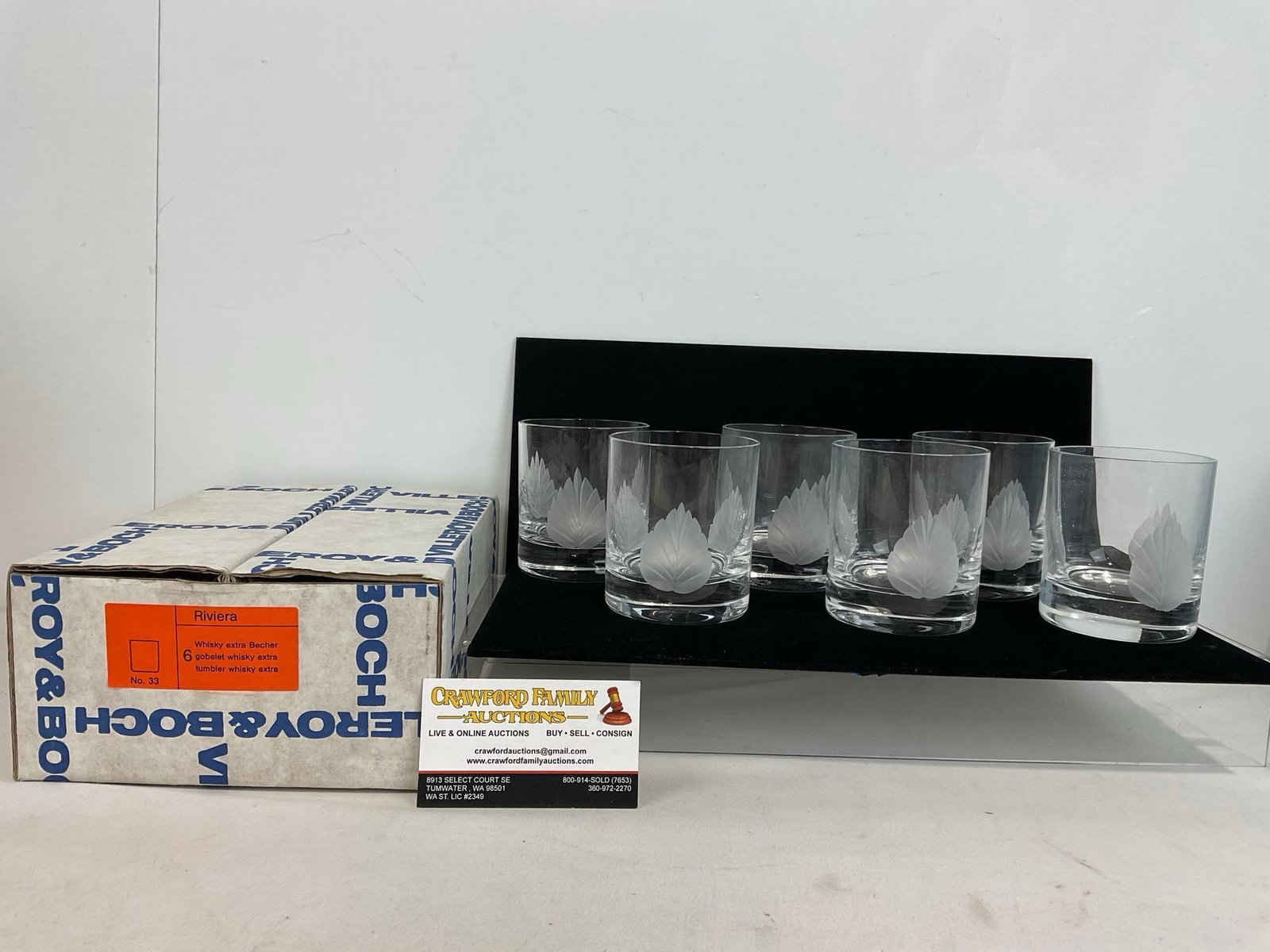 Set of 6 Villeroy & Boch Whiskey Tumblers, Riviera Pattern, Etched Crystal w/original box, old st...: Each is marked on the bottom. Appears to be in good shape. The piece measures approx 5h x 10w x 8d inches. See pics. E-5200