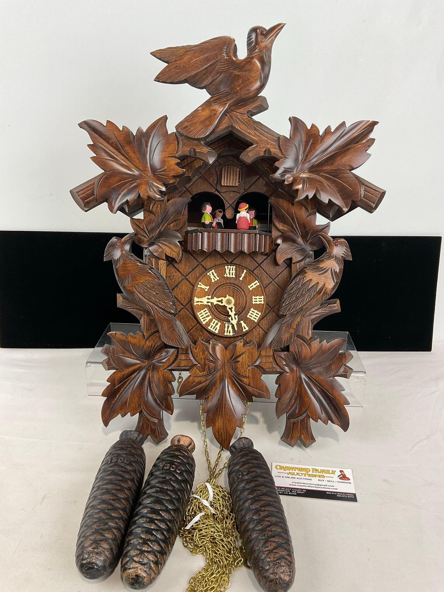 Carved Wood Black Forest Cuckoo Clock w/ Pendulum, 3 pinecone weights, plays Edelweiss, Dr Zhivago (1 of 12)