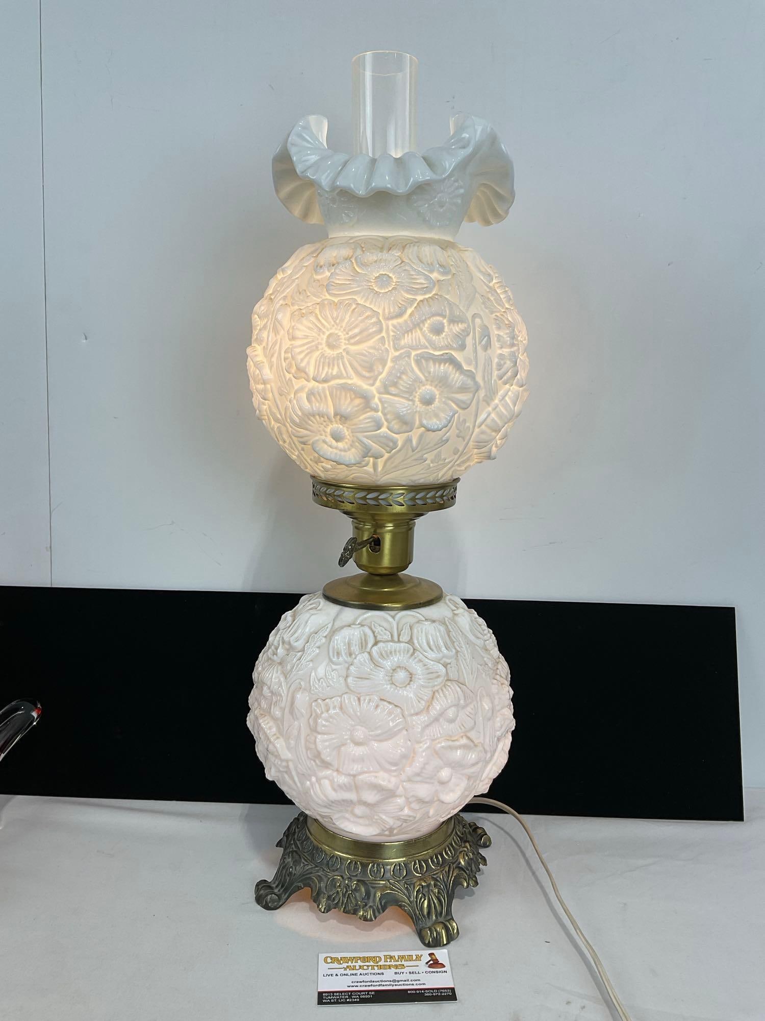 Gone with the Wind style Lamp w/ two Floral White Milk Glass Globes, tested & working, 25h x 10d in (1 of 4)