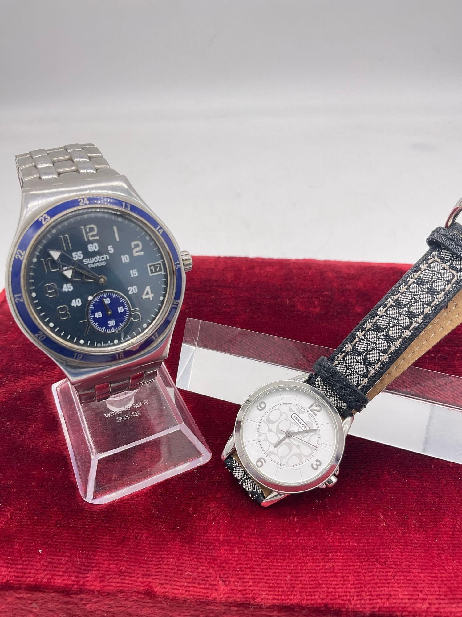 Women's Coach Watch w coach leather band & Men's Swatch Irony Chronograph Watch SR936SW: C-5010 Both watches are Quartz and need new batteries , sold as is 