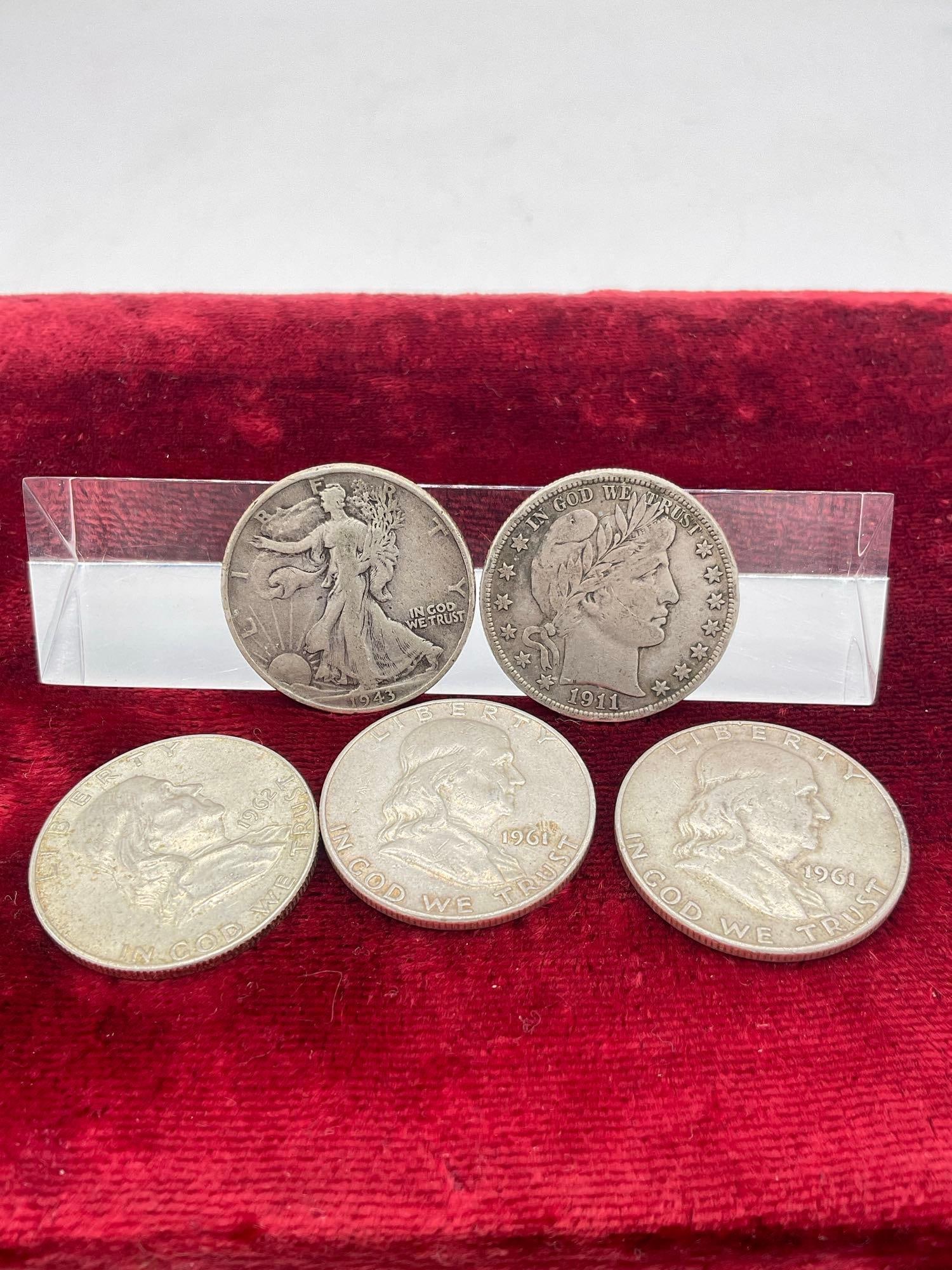 5x Silver half dollars, 3 x Franklin (2x1961-D , 1962-D )1911-S Barber ,1943- Walking liberty (1 of 2)