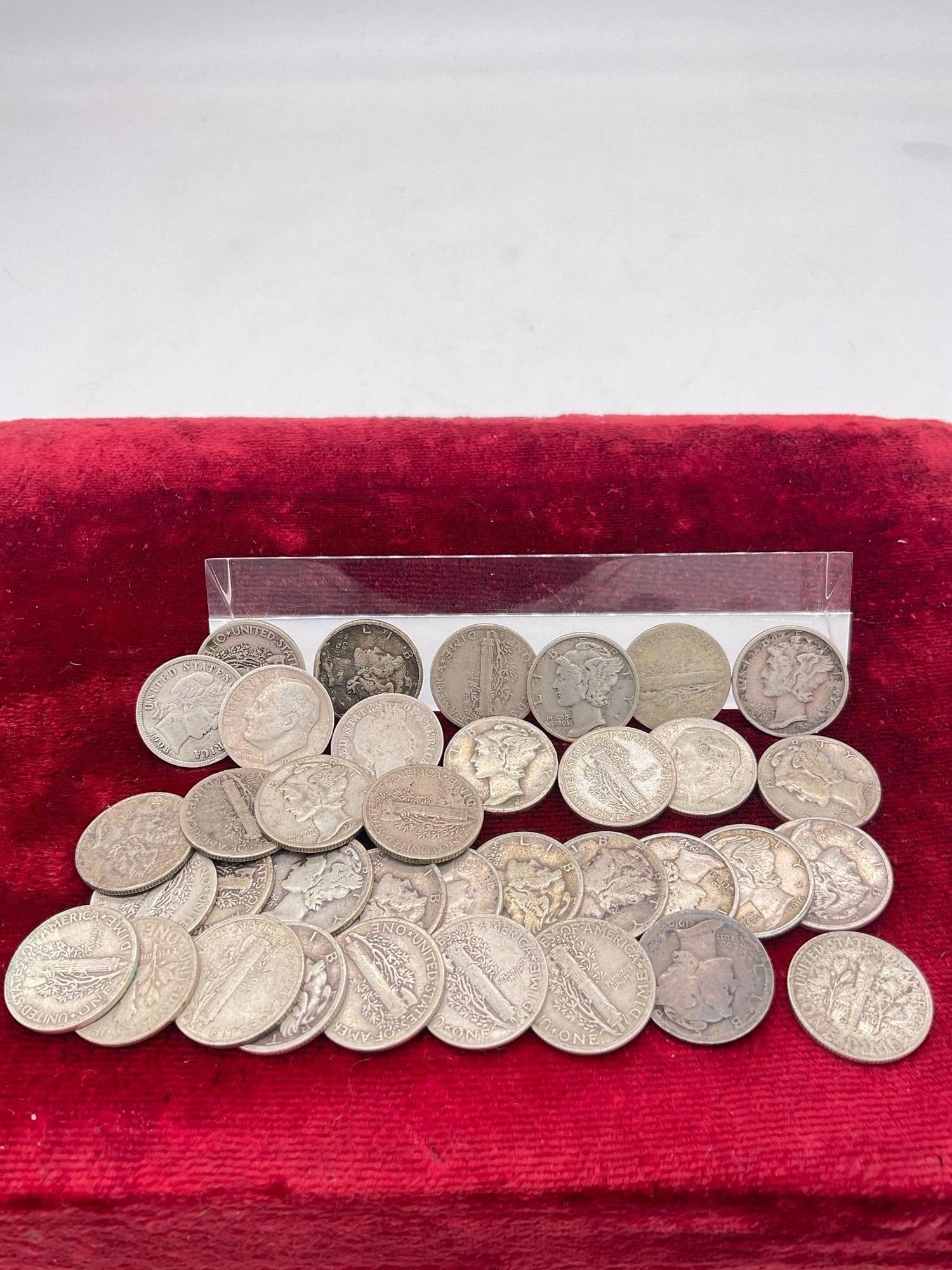 30 x Silver Mercury Dimes1916-s -1943, 2 x barber silver dimes 1897, 1908-S, & 4 silver Roosevelt (1 of 3)