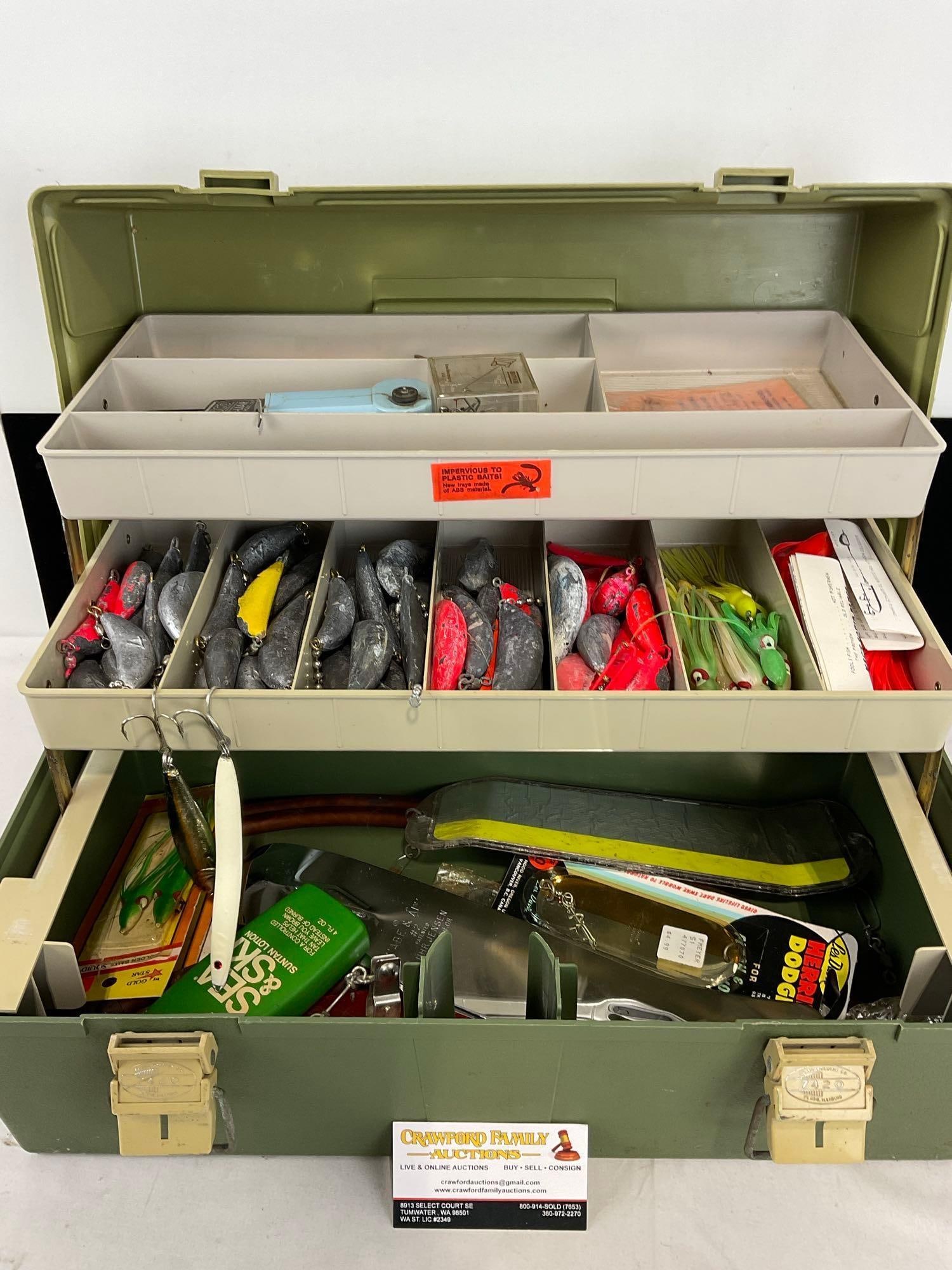Fishing Tackle Box w/ Lots of Lead Weights, Lures, and more Tools, 10h x 20w x 11d inches: Appears to be in good shape. The pieces measures approx 10h x 20w x 11d inches. See pics. E-4870