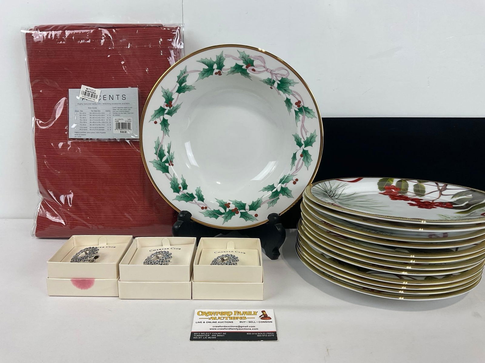 Charter Club pieces, 12 Gilt Rim Dinner Plates & 3 Brooches + Red Tablecloth, Mikasa Bowl: Appears to be in good shape. The piece measures approx 11h x 14w x 11d inches. See pics. E-4720