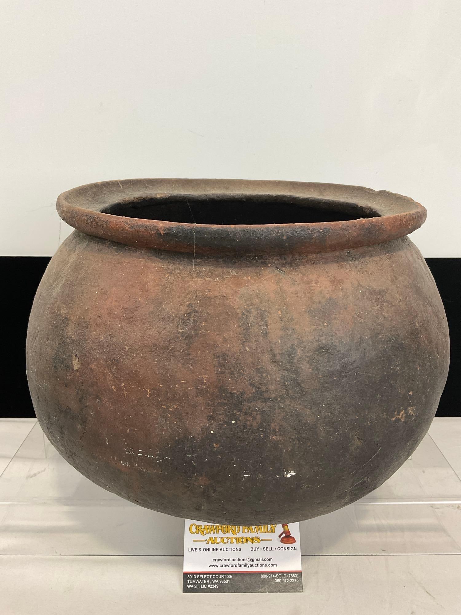Antique Unglazed Pot, Dark Clay, Rounded Bottom, 10h x 14w x 14d inches: Collection from a single consignor, who gathered these while living in Europe for many years. All pots & urns are of Turkish/Greek origin, or otherwise European. Appears to be in good shape. The p