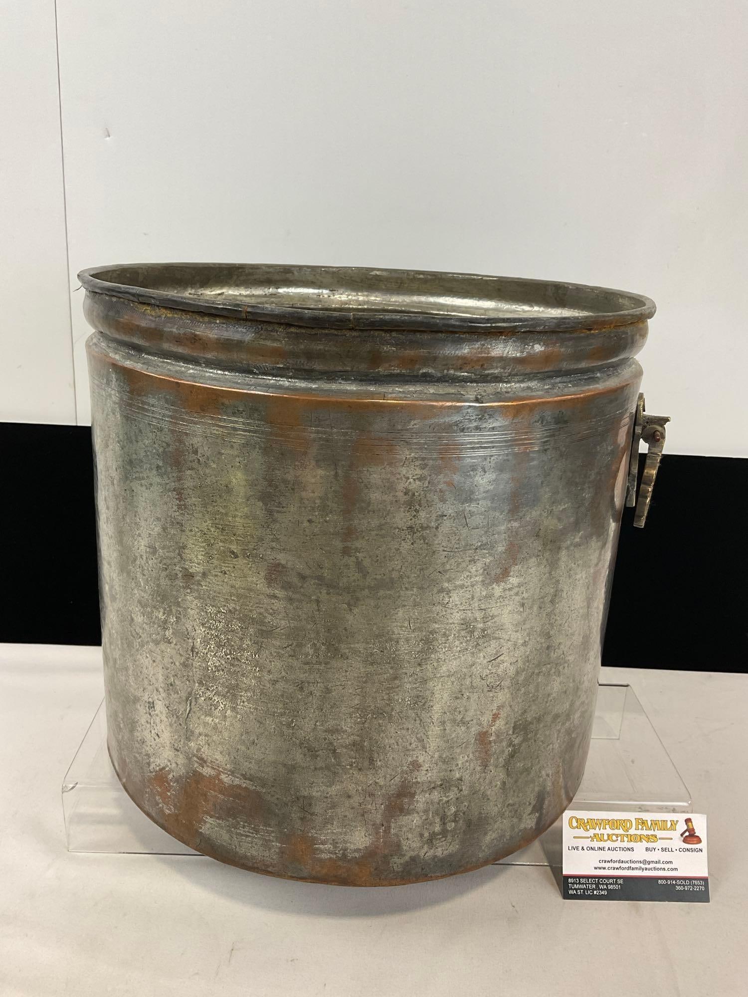 Antique Tinned Copper Pot w/handles, approx 12h x 15w x 14d inches (1 of 7)