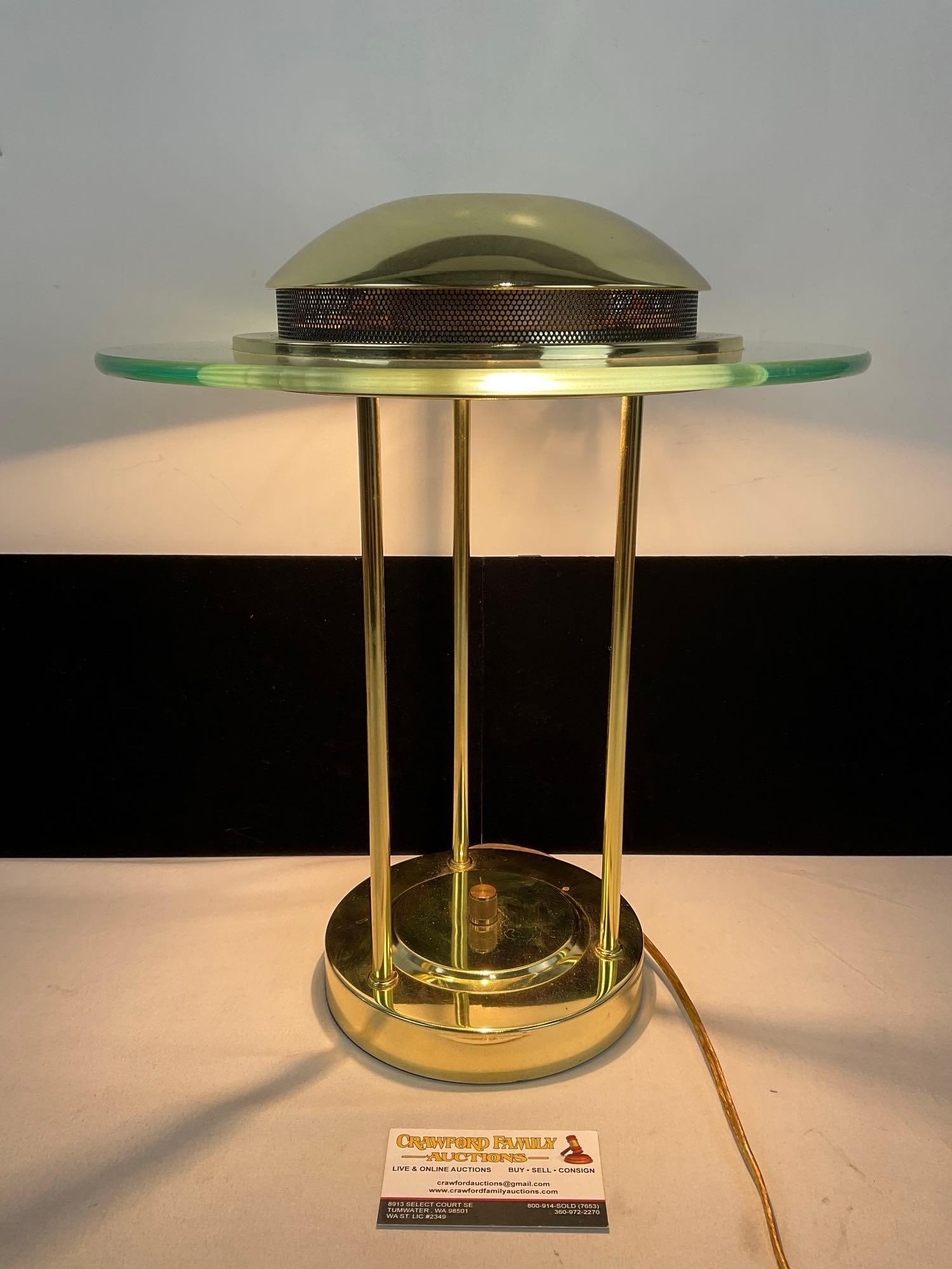 Vintage Robert Sonneman Style Saturn Flying Saucer Desk Lamp Gold Tone Base, tested & works: Appears to be in good shape. The piece measures approx 16h x 13w x 13d inches. See pics. E-5180